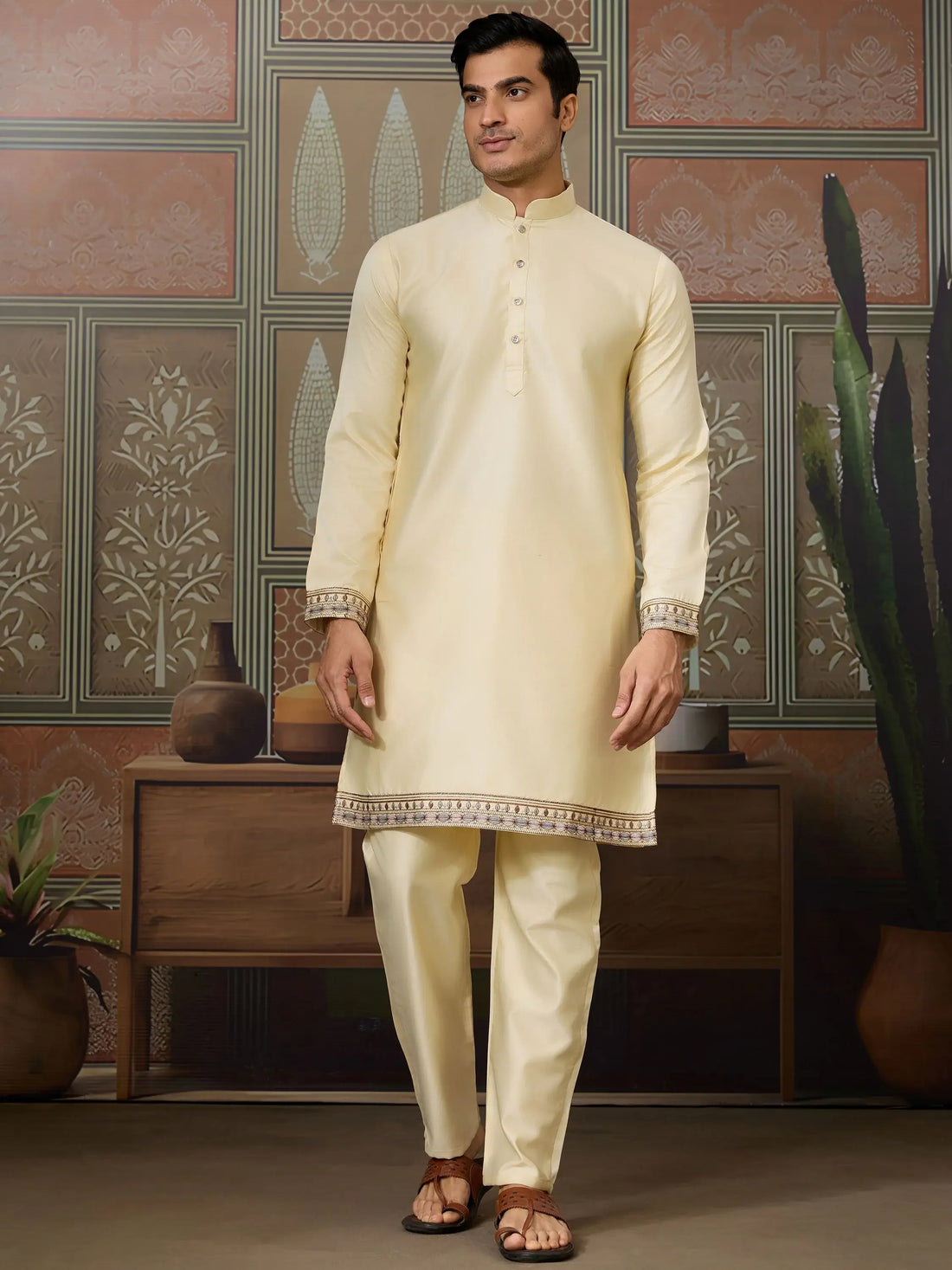 Wonderful Yellow Embroidered Silk Haldi Wear Men Kurta Set With Jacket