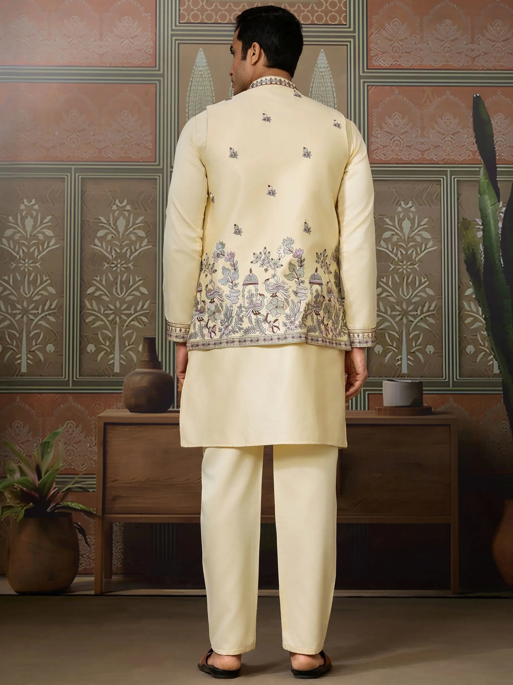 Wonderful Yellow Embroidered Silk Haldi Wear Men Kurta Set With Jacket