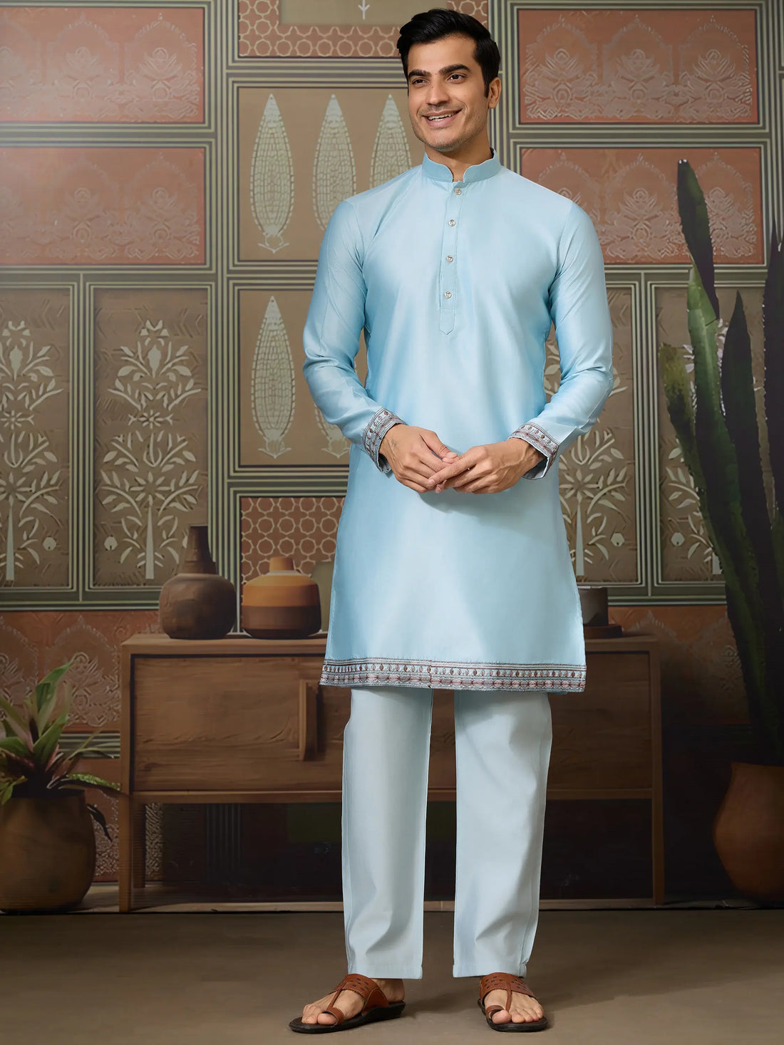 Alluring Sky Blue Thread Work Silk Function Wear Men Kurta And Pant Set With Jacket