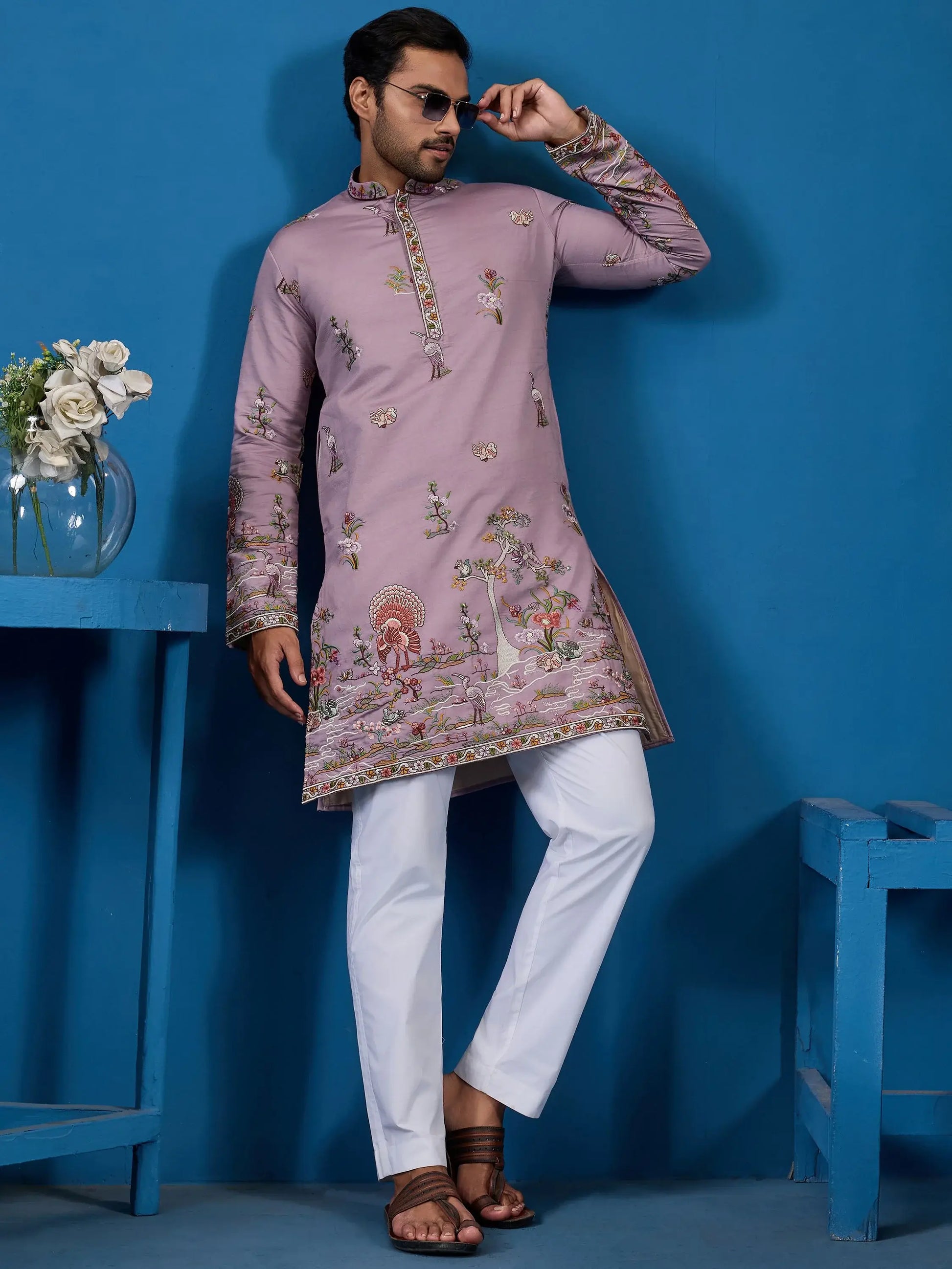 Impressive Dusty Pink Thread Embroidered Viscose Silk Event Wear Men Kurta And Pant