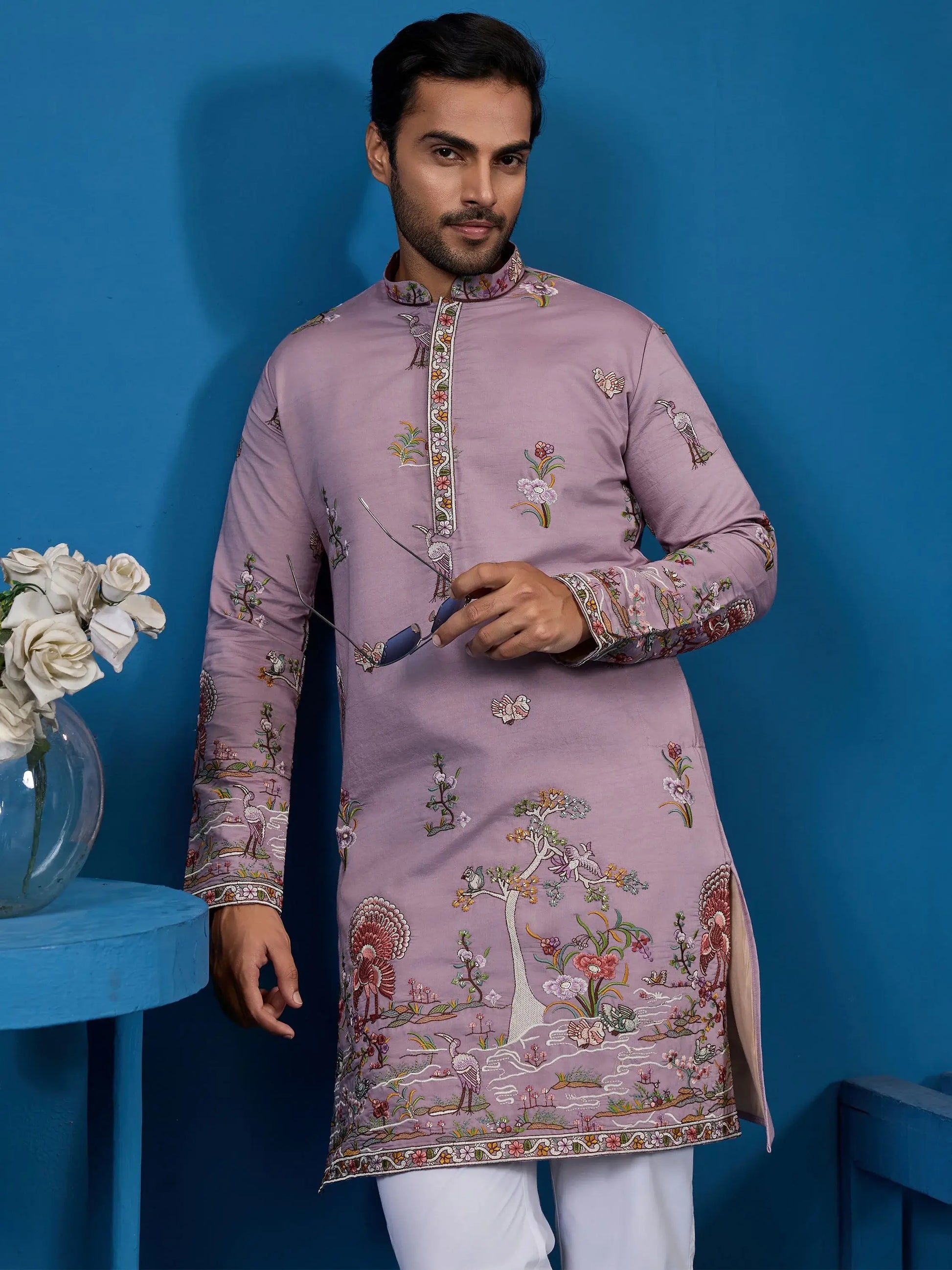 Impressive Dusty Pink Thread Embroidered Viscose Silk Event Wear Men Kurta And Pant