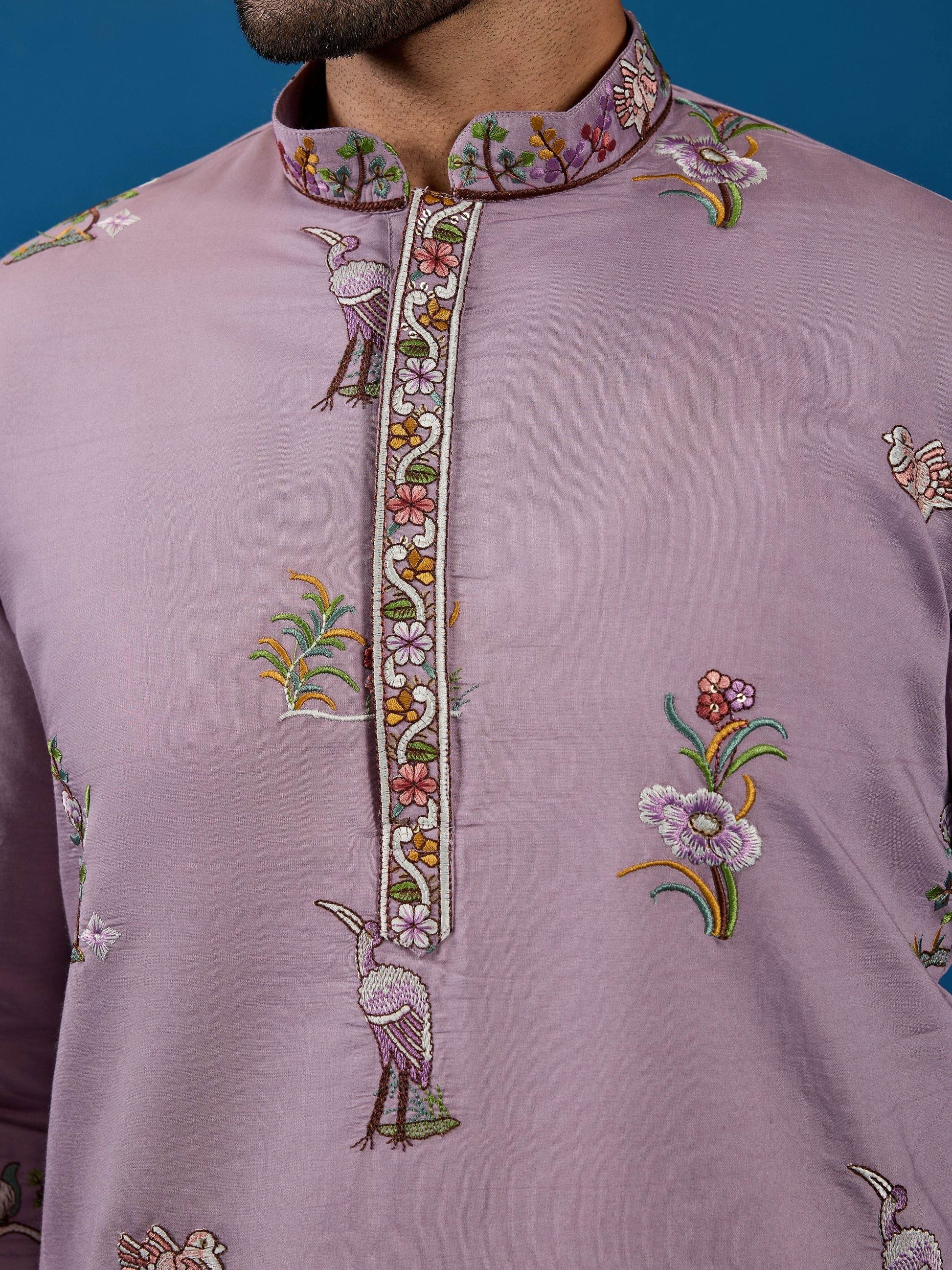 Impressive Dusty Pink Thread Embroidered Viscose Silk Event Wear Men Kurta And Pant