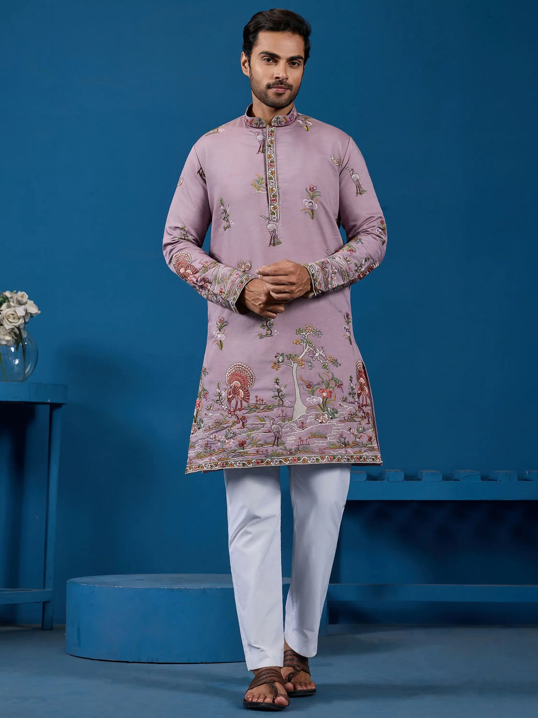 Impressive Dusty Pink Thread Embroidered Viscose Silk Event Wear Men Kurta And Pant