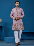 Impressive Dusty Pink Thread Embroidered Viscose Silk Event Wear Men Kurta And Pant