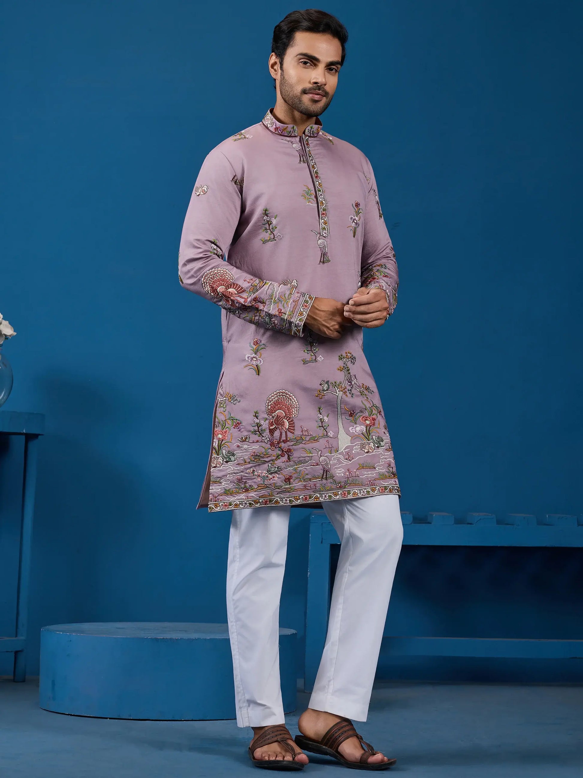 Impressive Dusty Pink Thread Embroidered Viscose Silk Event Wear Men Kurta And Pant
