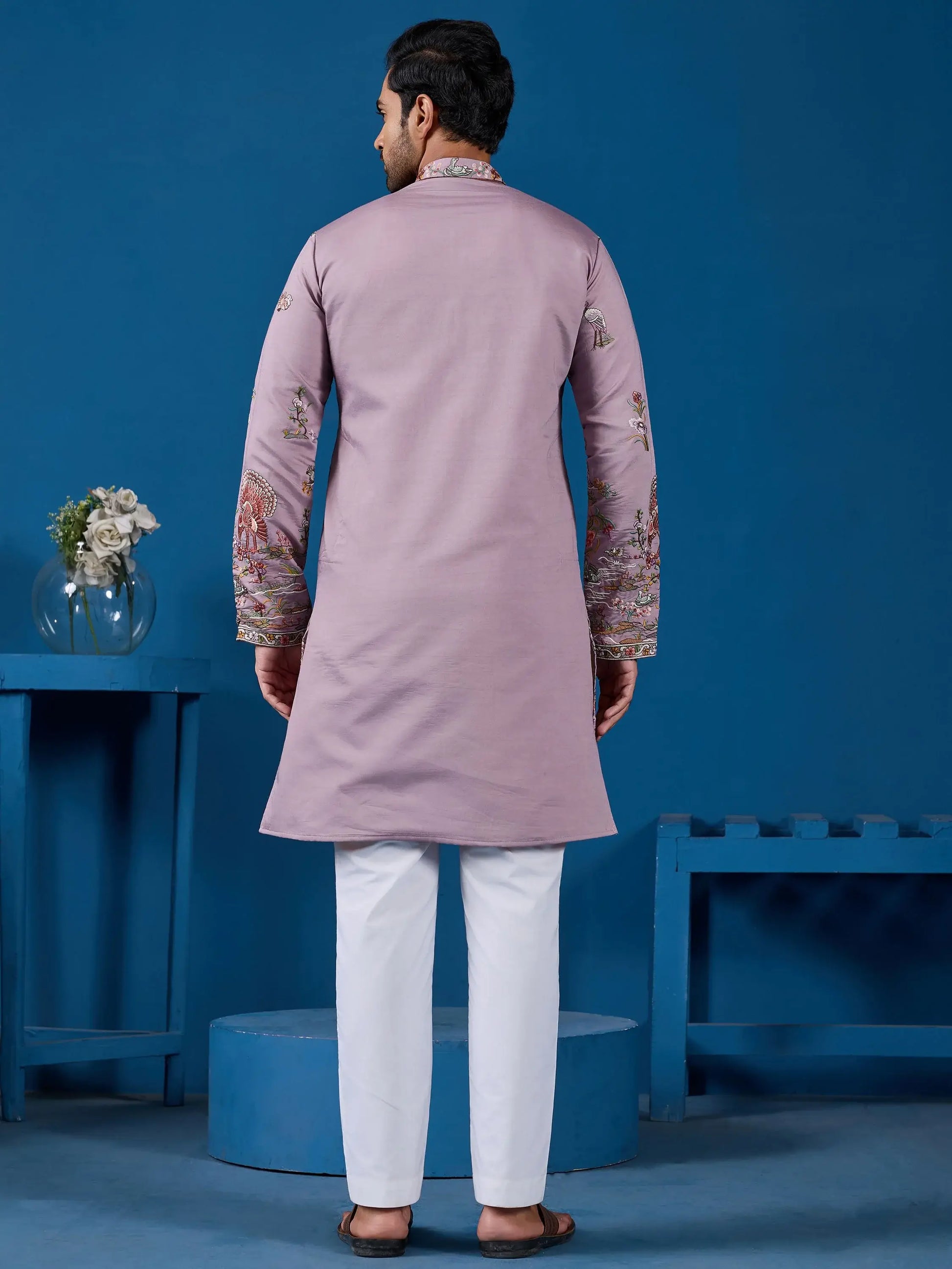 Impressive Dusty Pink Thread Embroidered Viscose Silk Event Wear Men Kurta And Pant