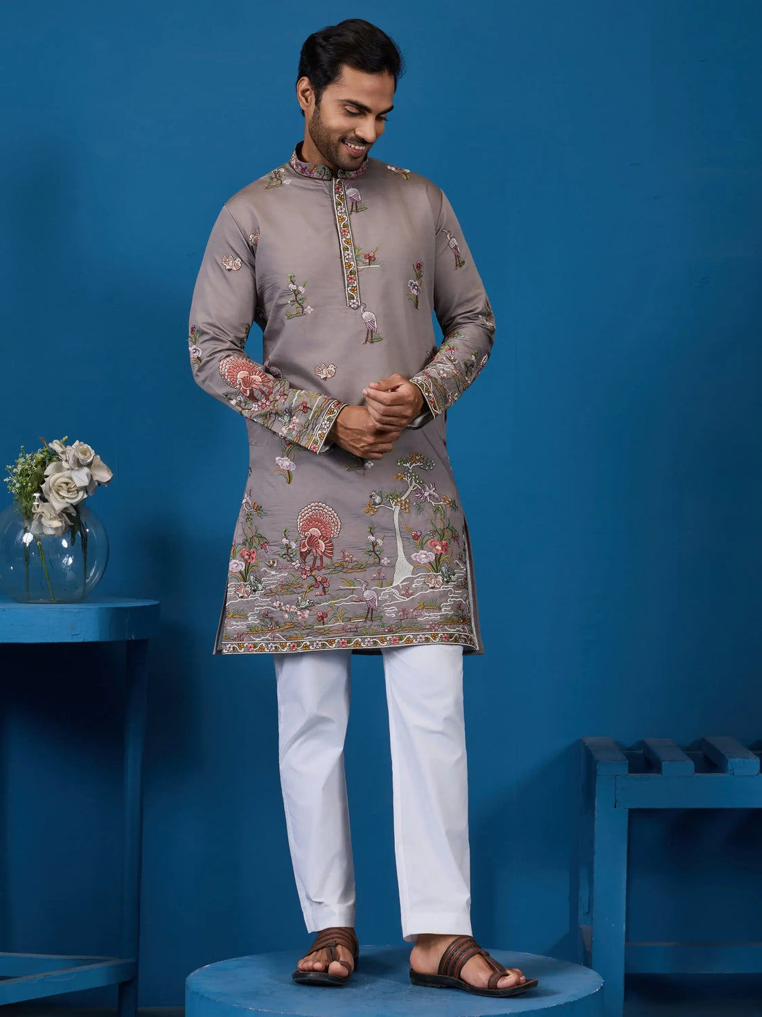 Stellar Grey Embroidered Viscose Silk Festive Wear Men Kurta And Pant