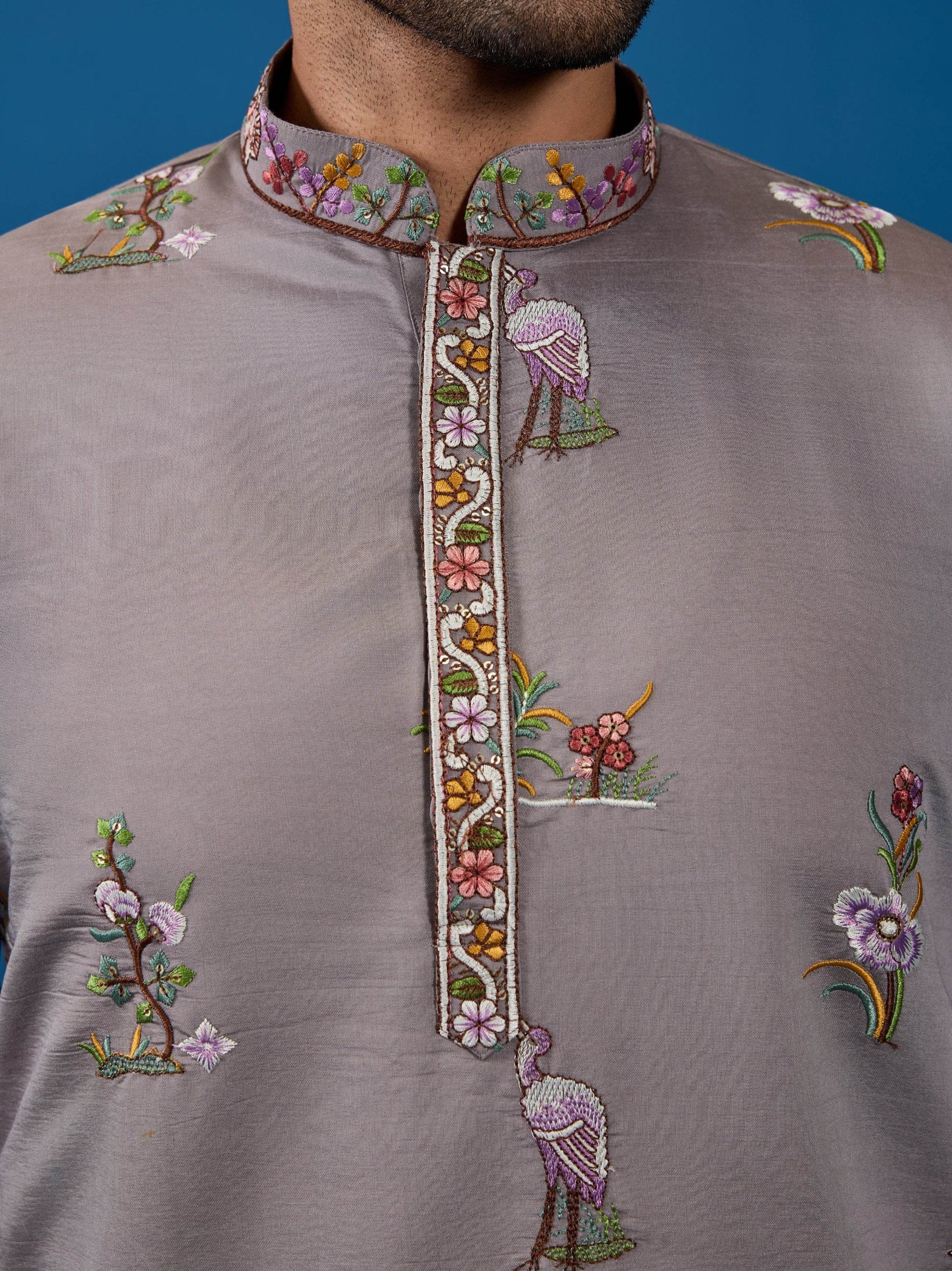 Stellar Grey Embroidered Viscose Silk Festive Wear Men Kurta And Pant