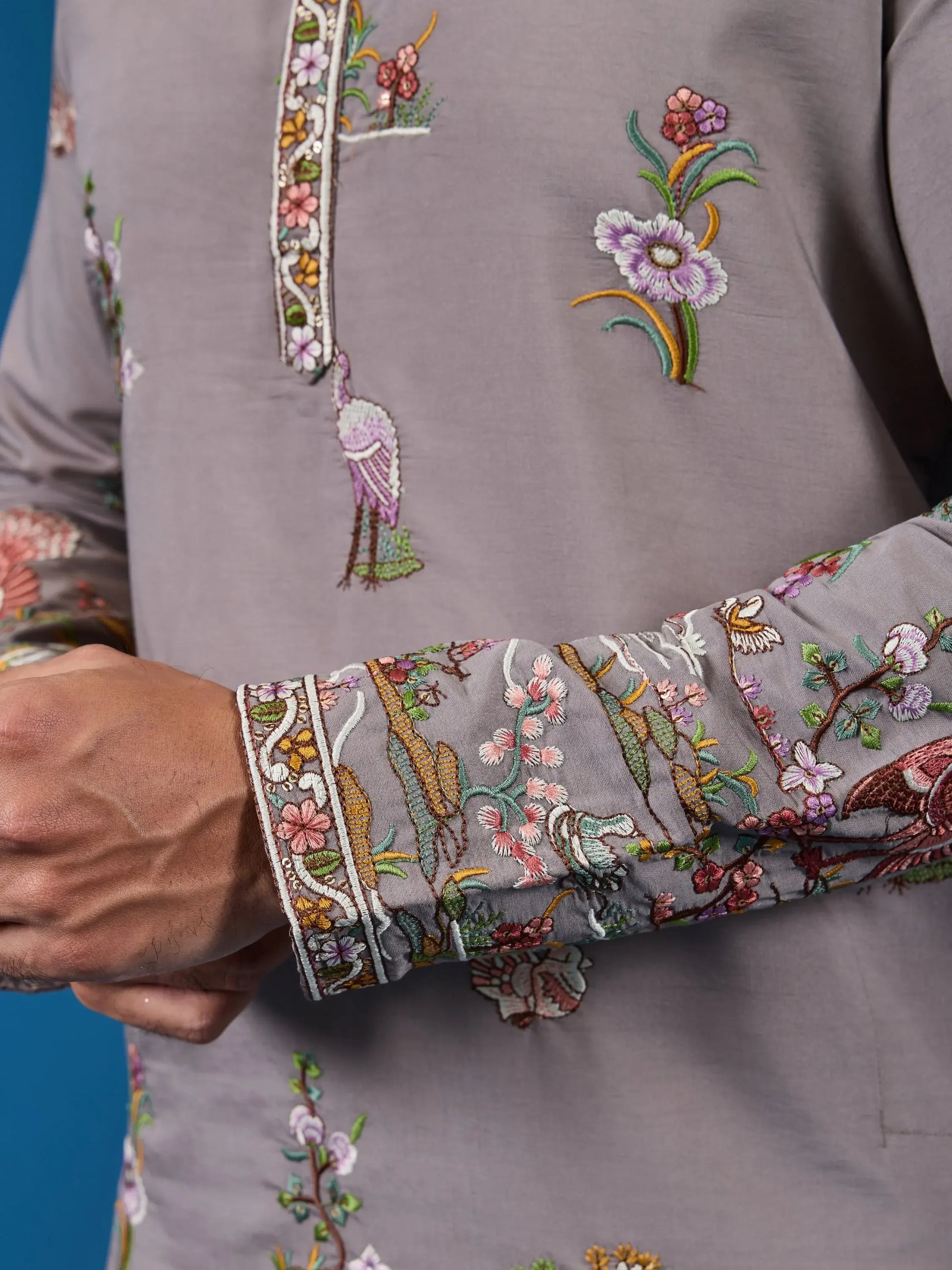 Stellar Grey Embroidered Viscose Silk Festive Wear Men Kurta And Pant