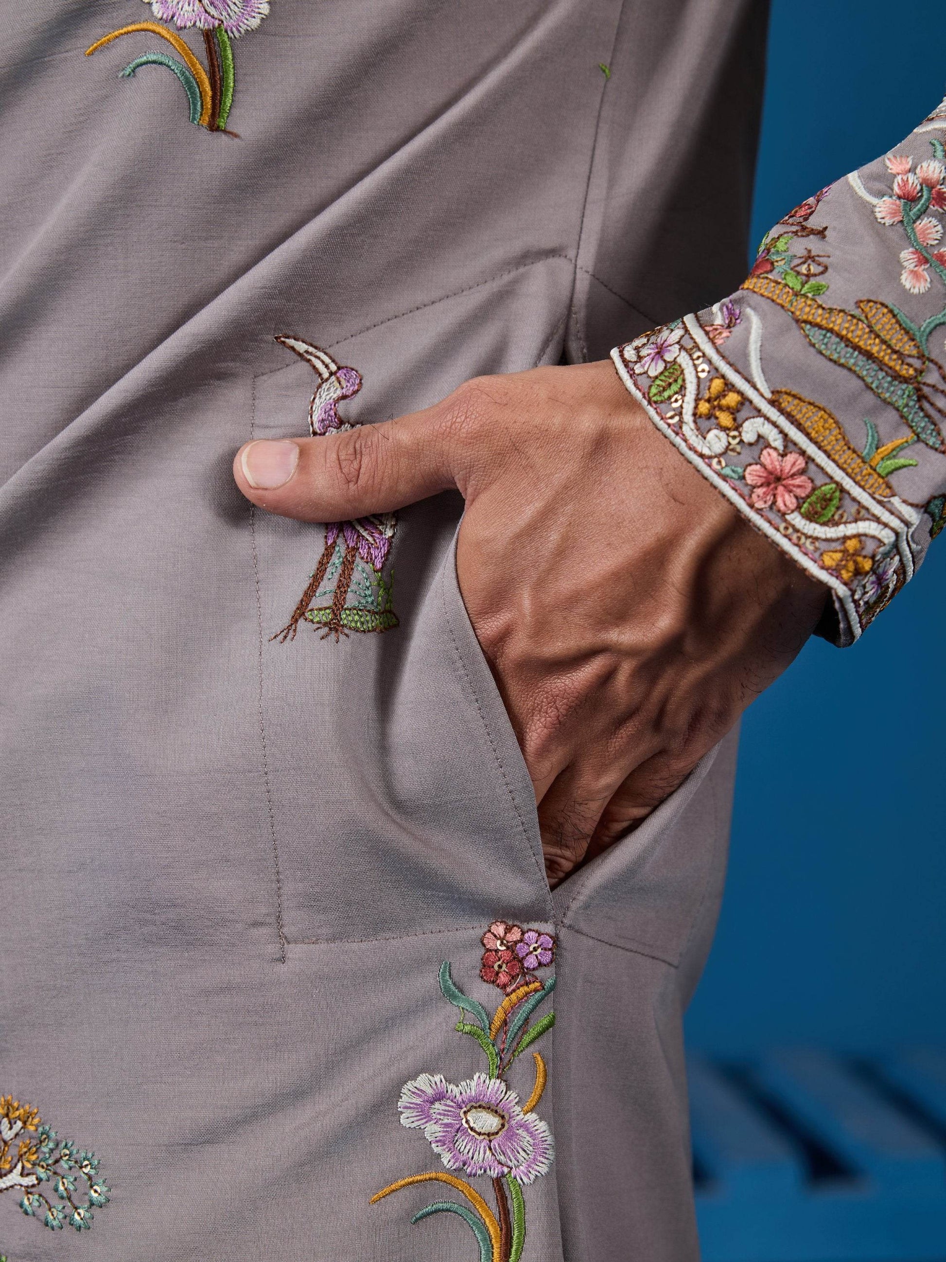 Stellar Grey Embroidered Viscose Silk Festive Wear Men Kurta And Pant