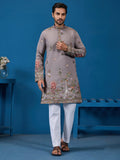Stellar Grey Embroidered Viscose Silk Festive Wear Men Kurta And Pant