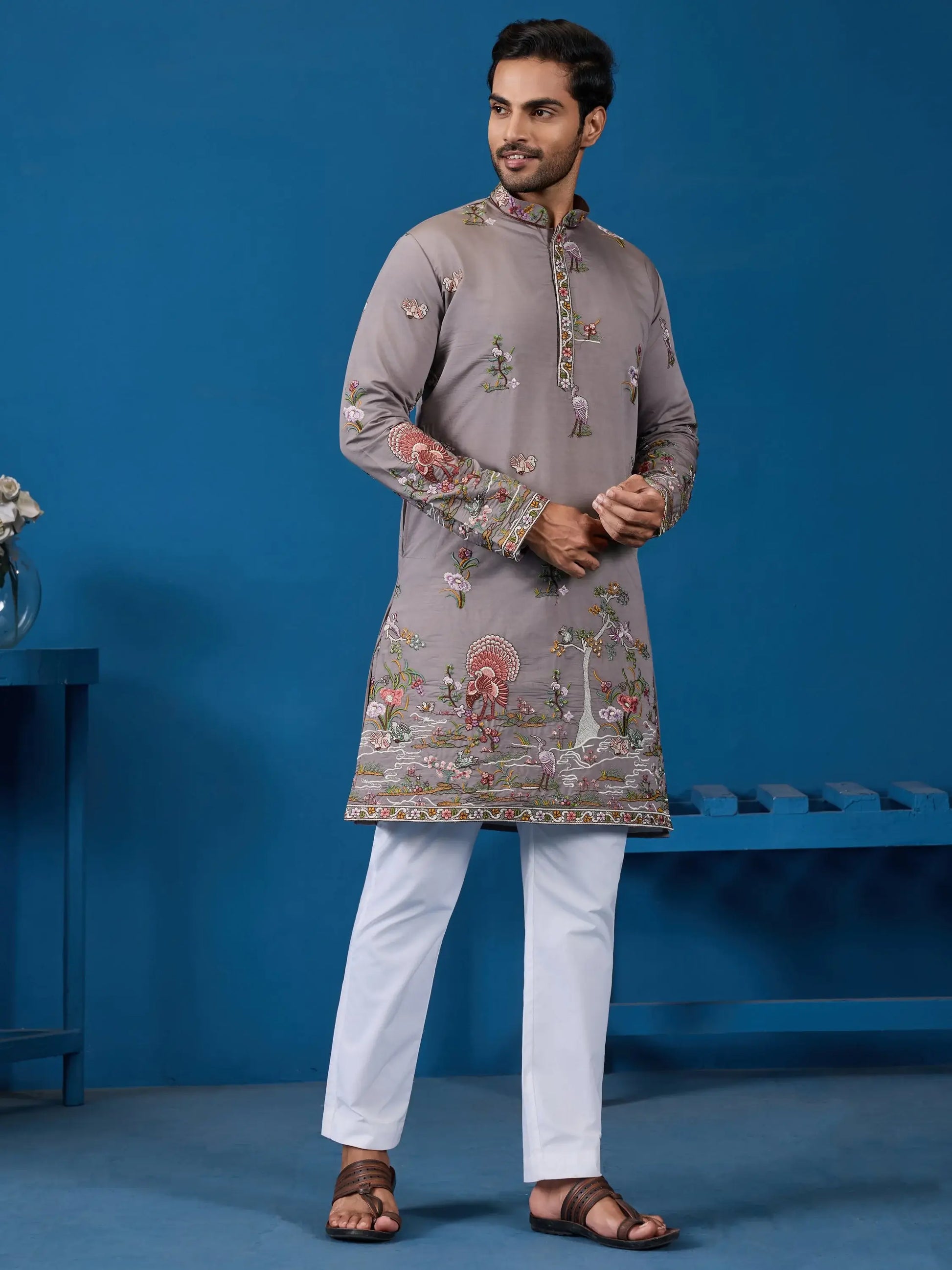 Stellar Grey Embroidered Viscose Silk Festive Wear Men Kurta And Pant