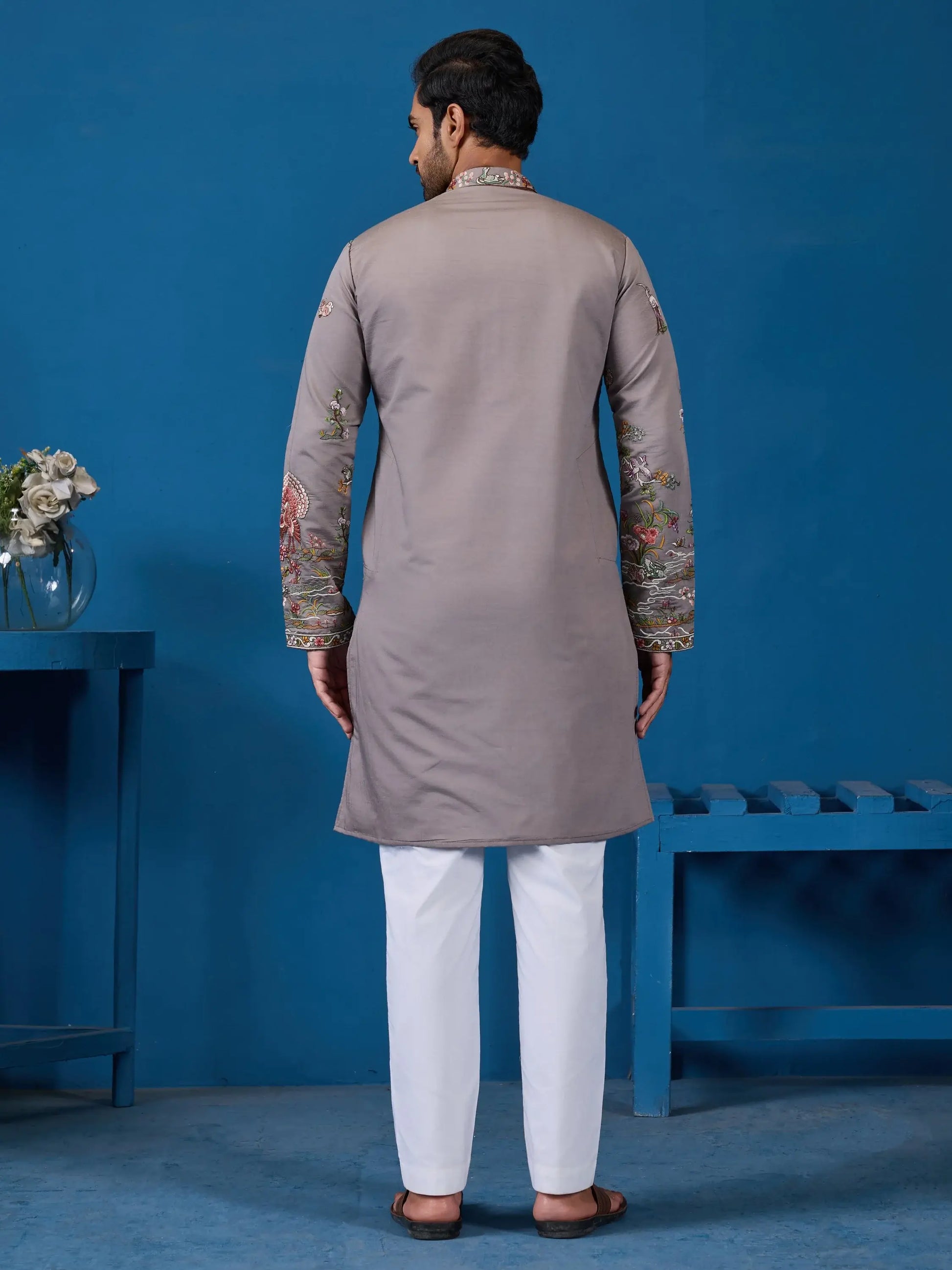 Stellar Grey Embroidered Viscose Silk Festive Wear Men Kurta And Pant