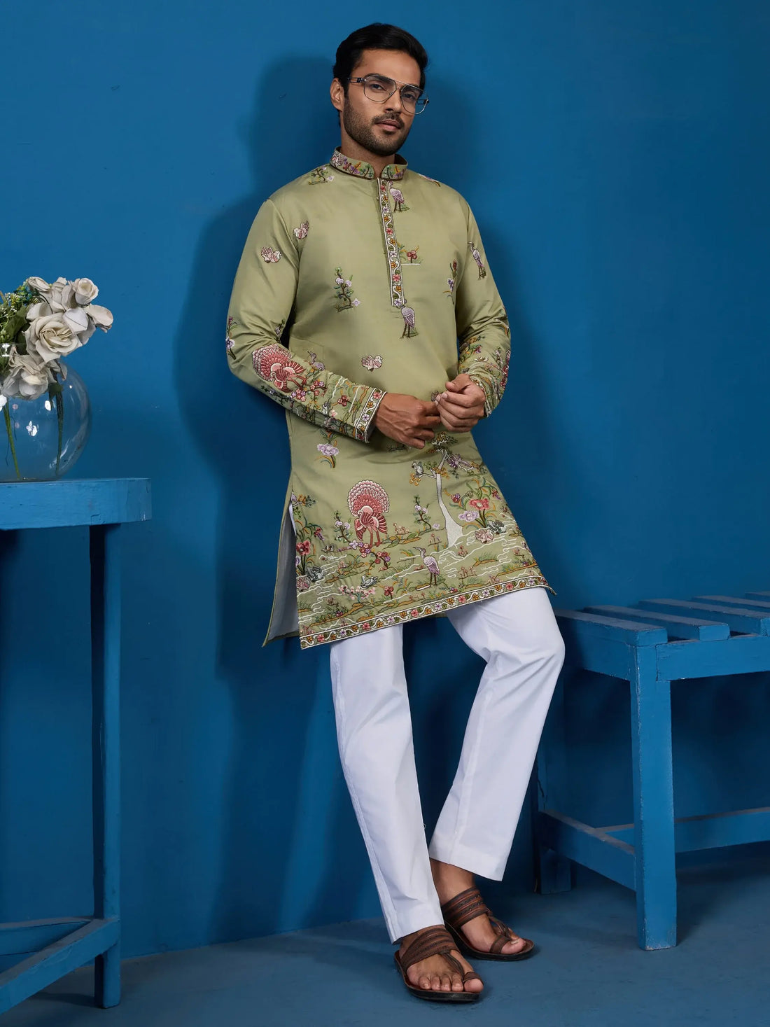 Majestic Pista Green Sequins Viscose Silk Event Wear Men Kurta Set