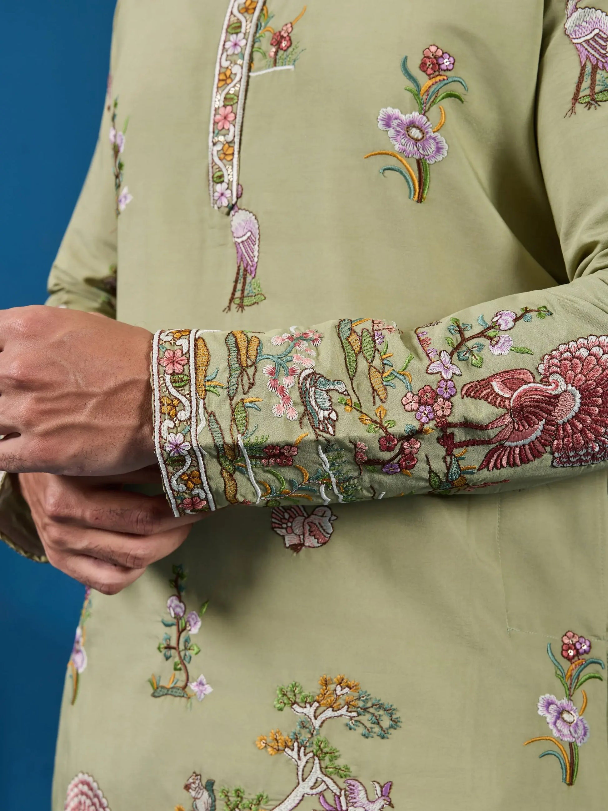 Majestic Pista Green Sequins Viscose Silk Event Wear Men Kurta Set