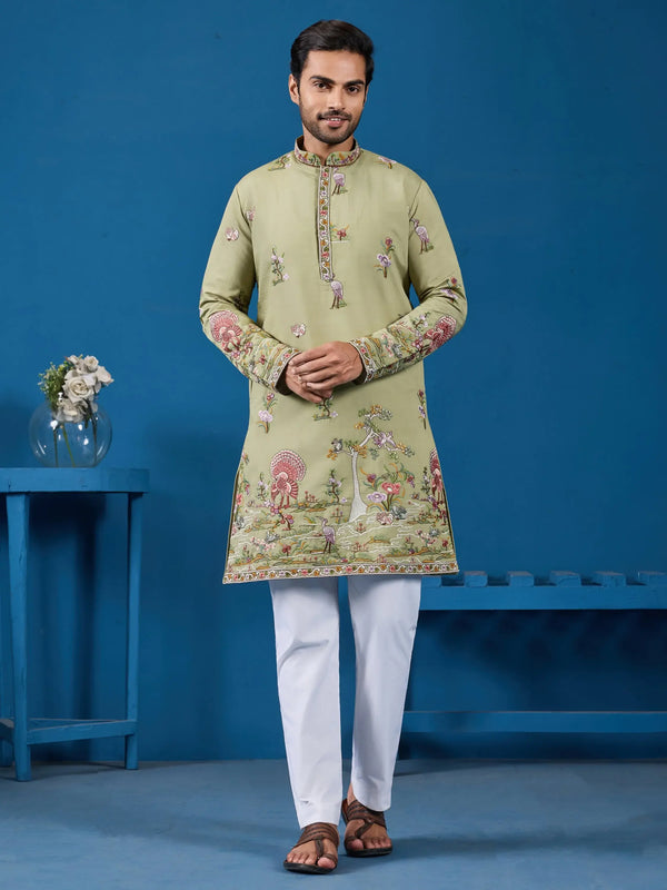 Majestic Pista Green Sequins Viscose Silk Event Wear Men Kurta Set