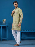 Majestic Pista Green Sequins Viscose Silk Event Wear Men Kurta Set