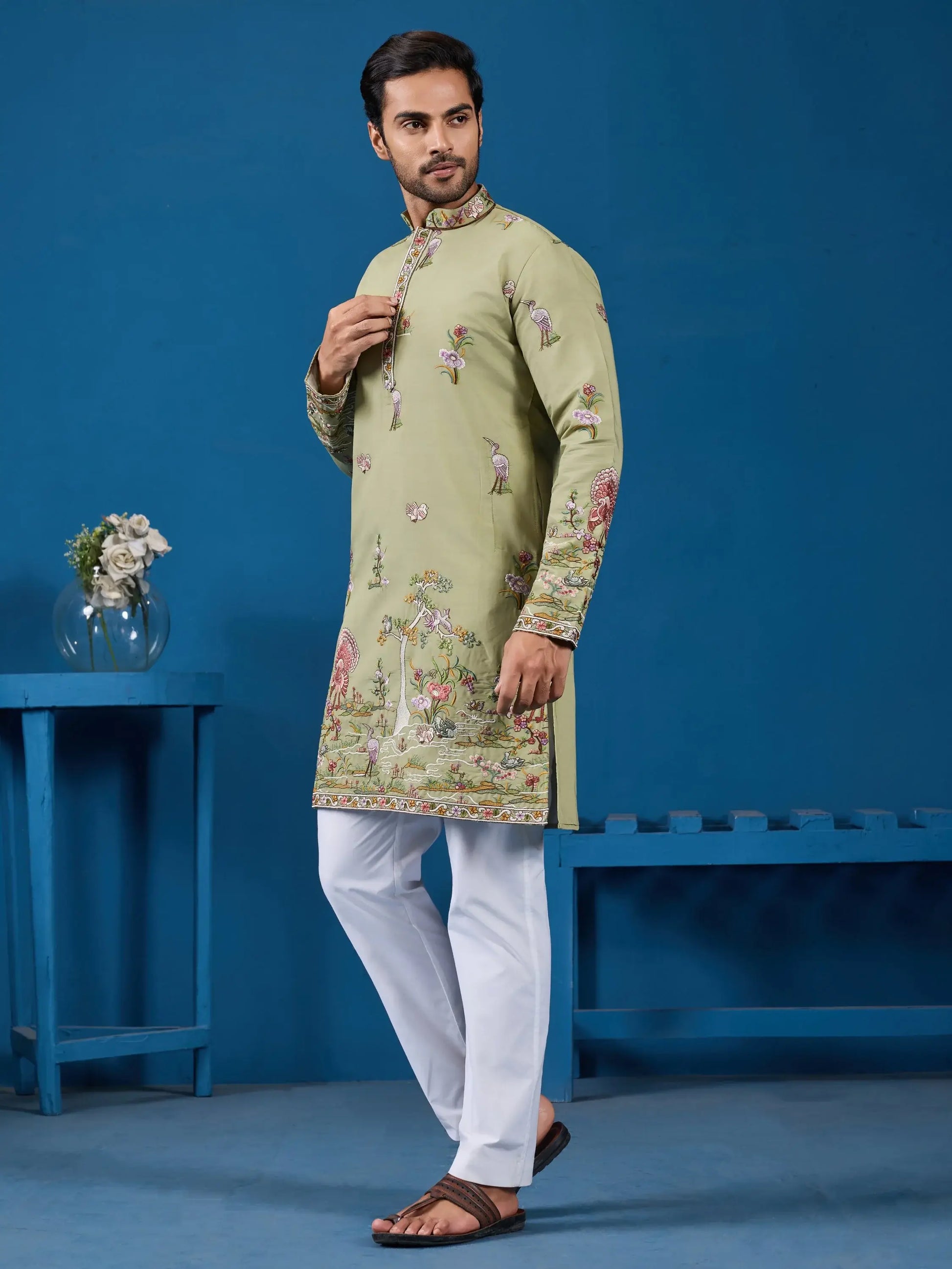 Majestic Pista Green Sequins Viscose Silk Event Wear Men Kurta Set