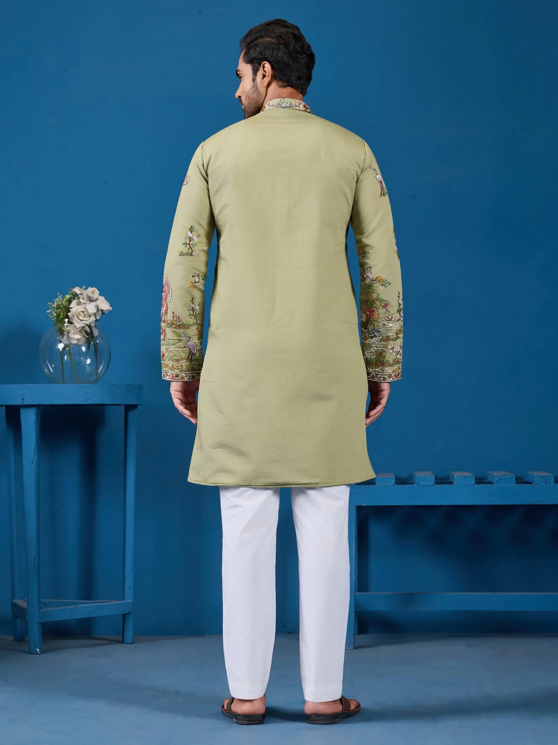 Majestic Pista Green Sequins Viscose Silk Event Wear Men Kurta Set