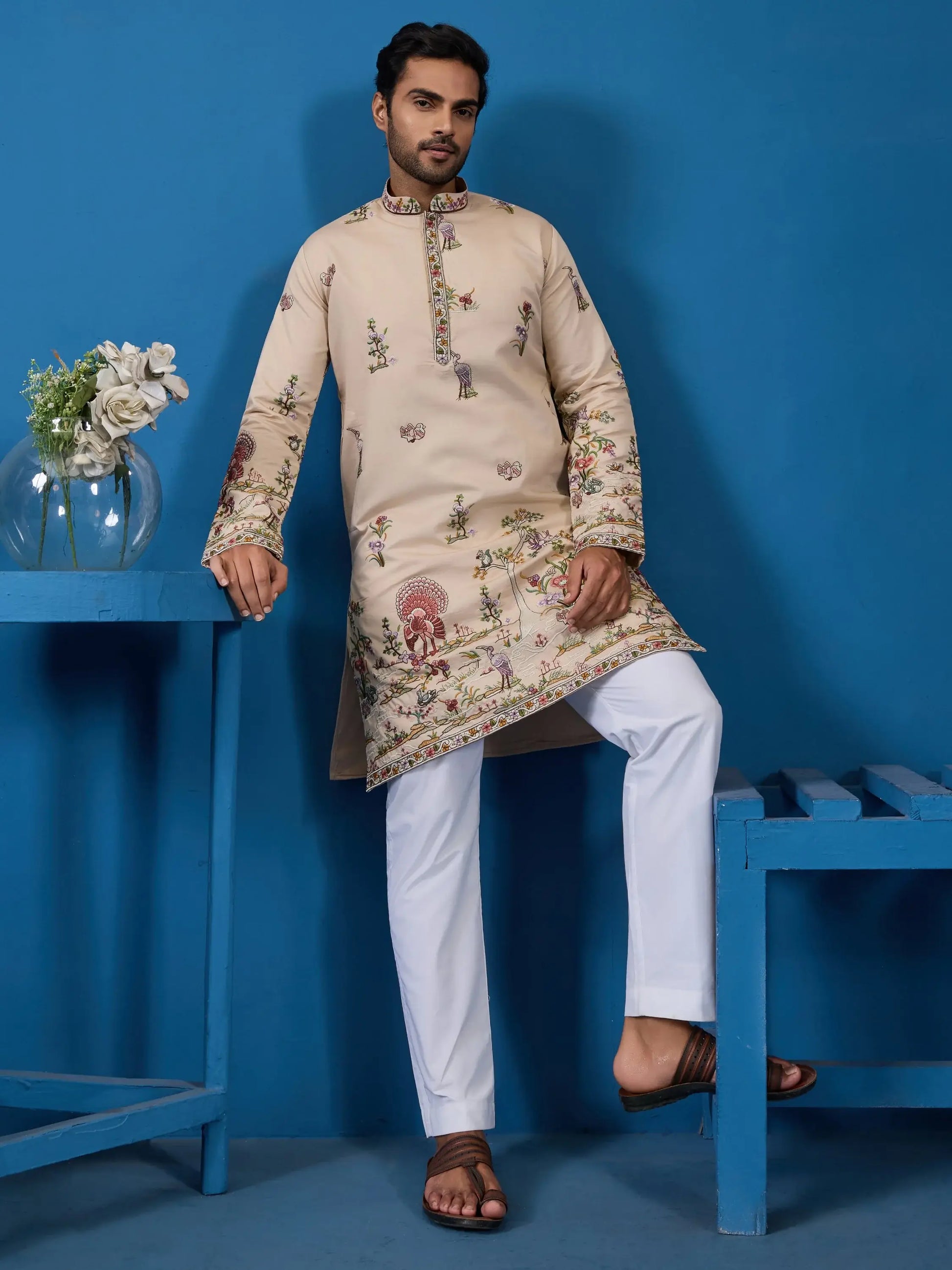 Magnetic Beige Floral Embroidered Viscose Silk Function Wear Men Kurta Set