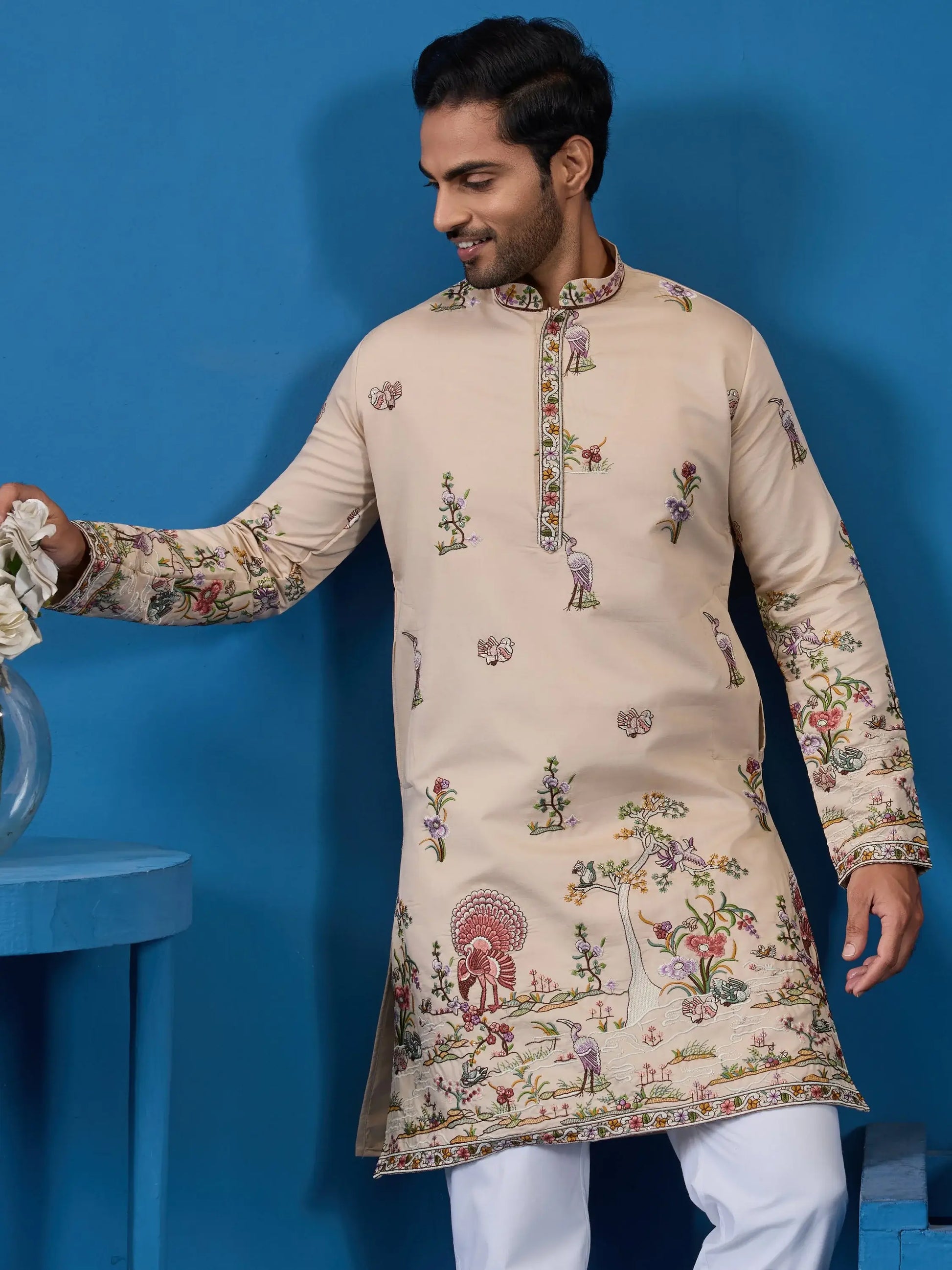 Magnetic Beige Floral Embroidered Viscose Silk Function Wear Men Kurta Set