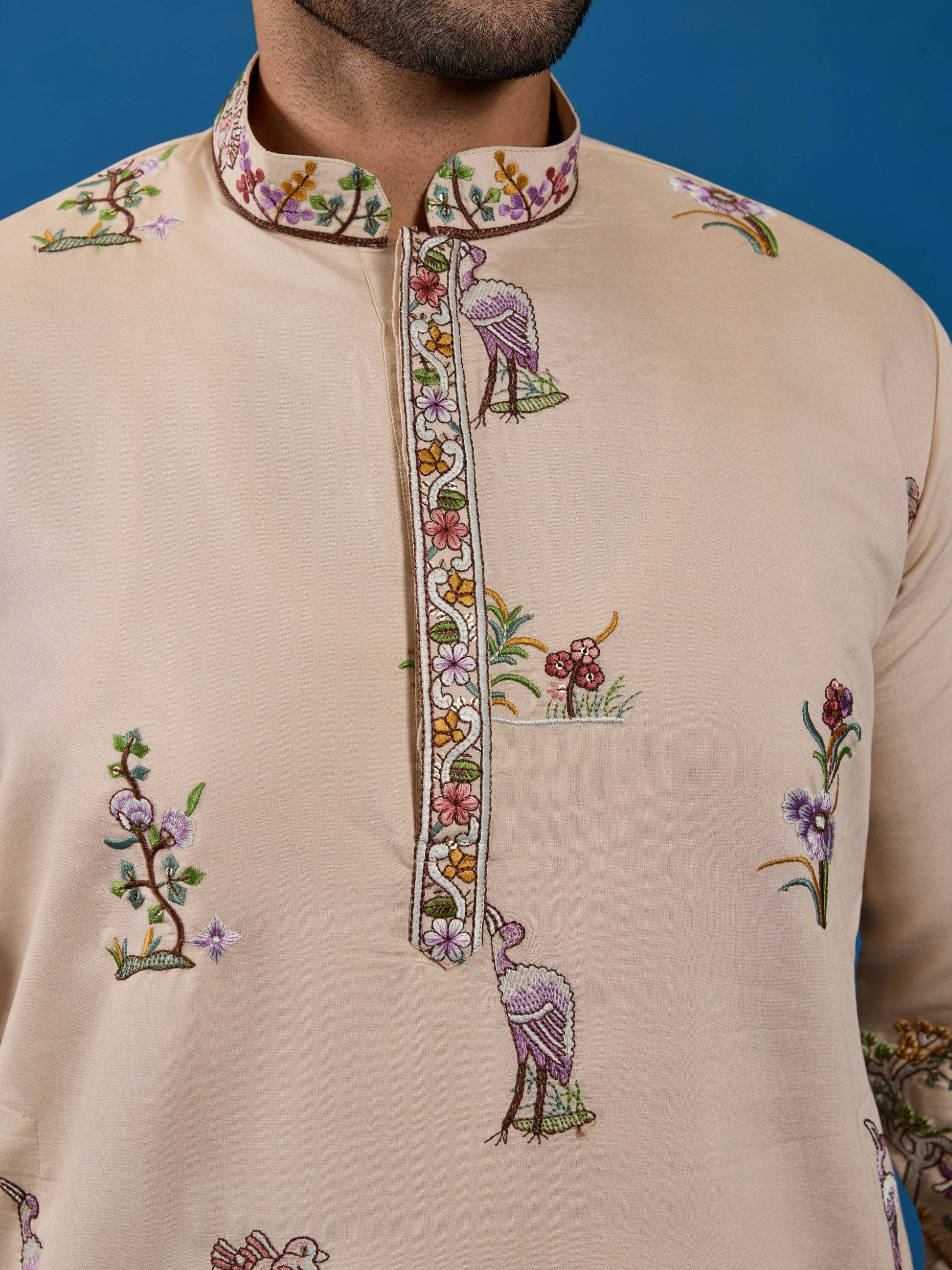 Magnetic Beige Floral Embroidered Viscose Silk Function Wear Men Kurta Set