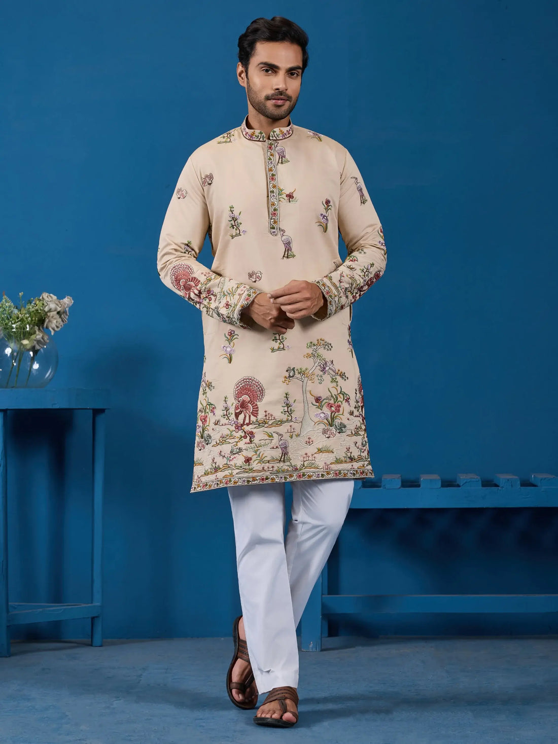 Magnetic Beige Floral Embroidered Viscose Silk Function Wear Men Kurta Set