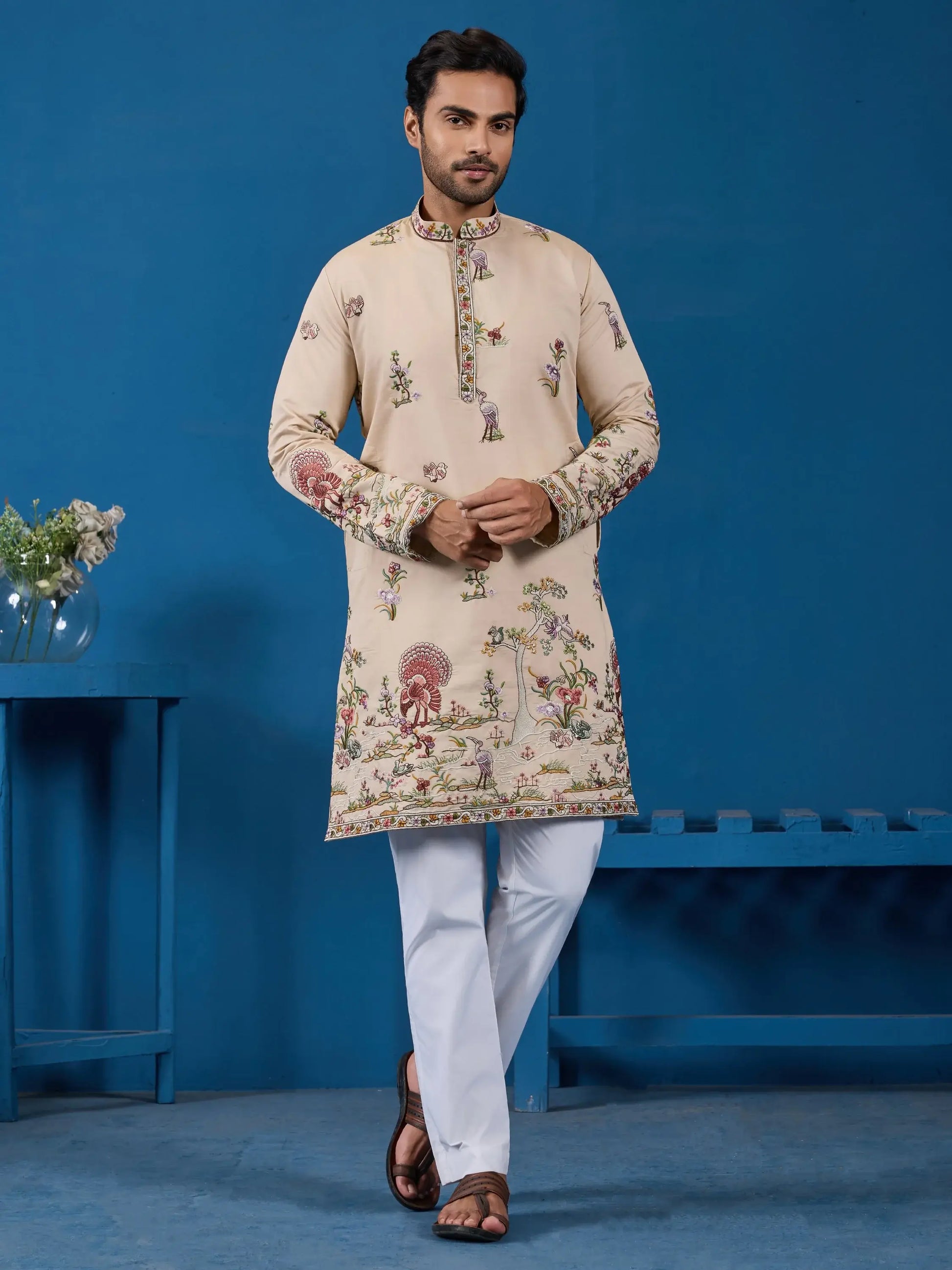 Magnetic Beige Floral Embroidered Viscose Silk Function Wear Men Kurta Set