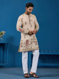 Magnetic Beige Floral Embroidered Viscose Silk Function Wear Men Kurta Set