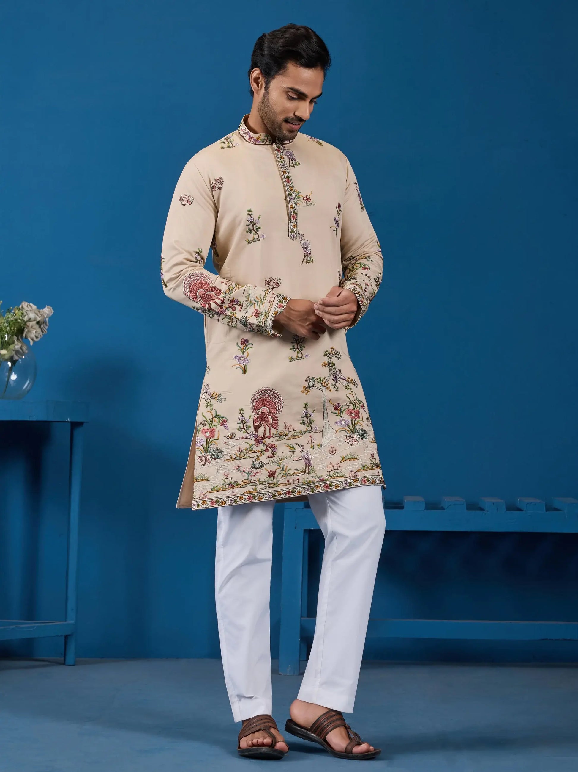Magnetic Beige Floral Embroidered Viscose Silk Function Wear Men Kurta Set