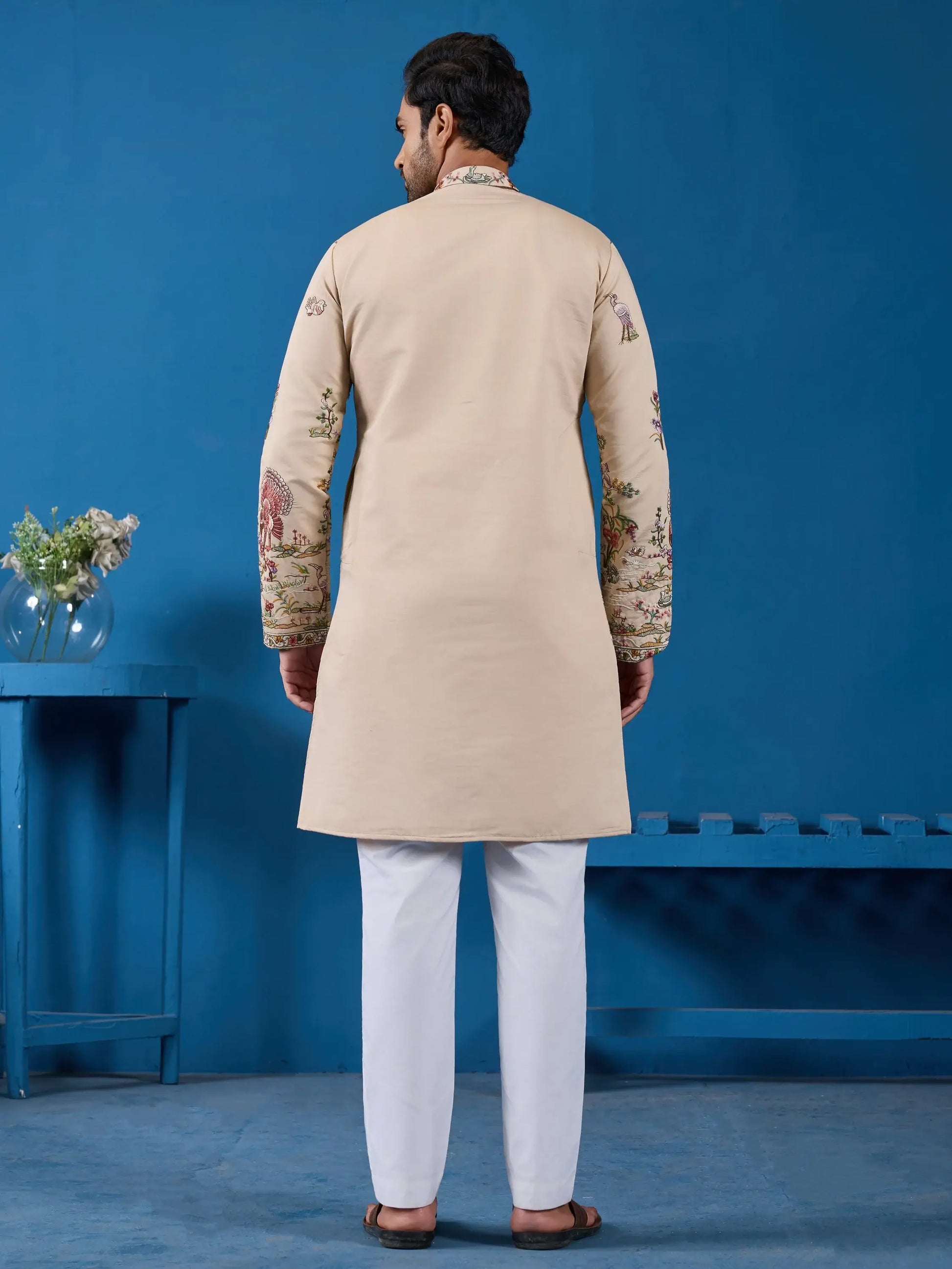 Magnetic Beige Floral Embroidered Viscose Silk Function Wear Men Kurta Set