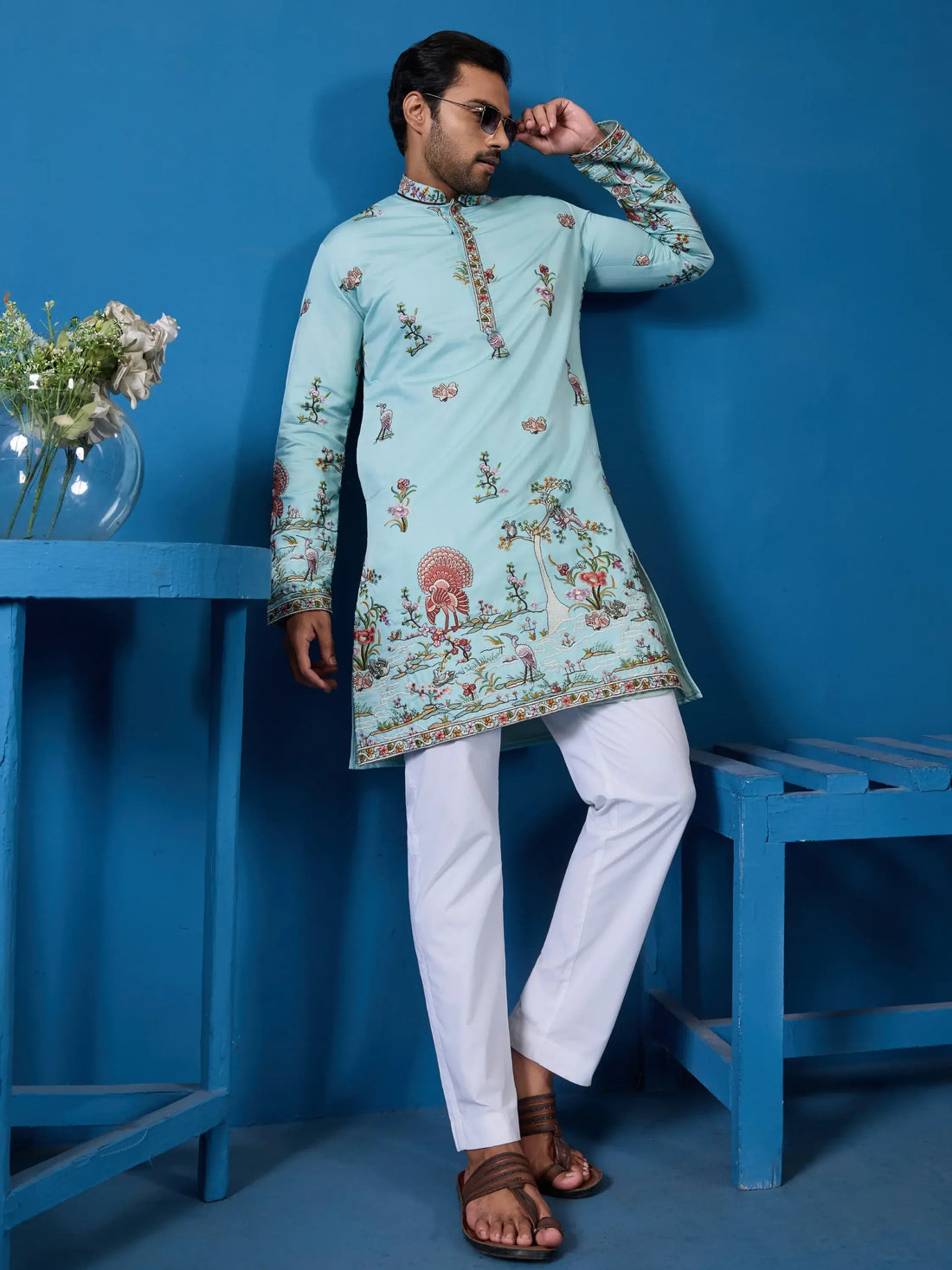 Beautiful Sky Blue Thread Embroidery Viscose Silk Traditional Men Kurta And Pant