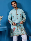 Beautiful Sky Blue Thread Embroidery Viscose Silk Traditional Men Kurta And Pant