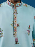 Beautiful Sky Blue Thread Embroidery Viscose Silk Traditional Men Kurta And Pant