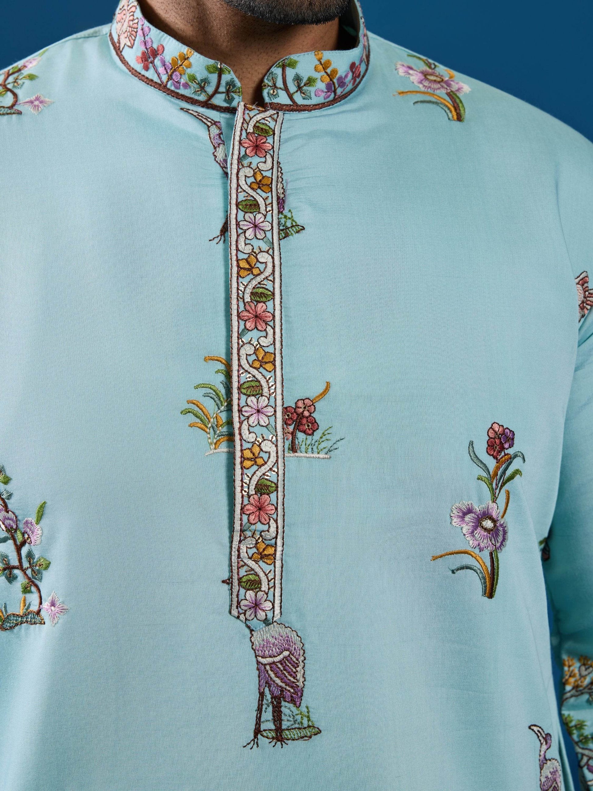 Beautiful Sky Blue Thread Embroidery Viscose Silk Traditional Men Kurta And Pant