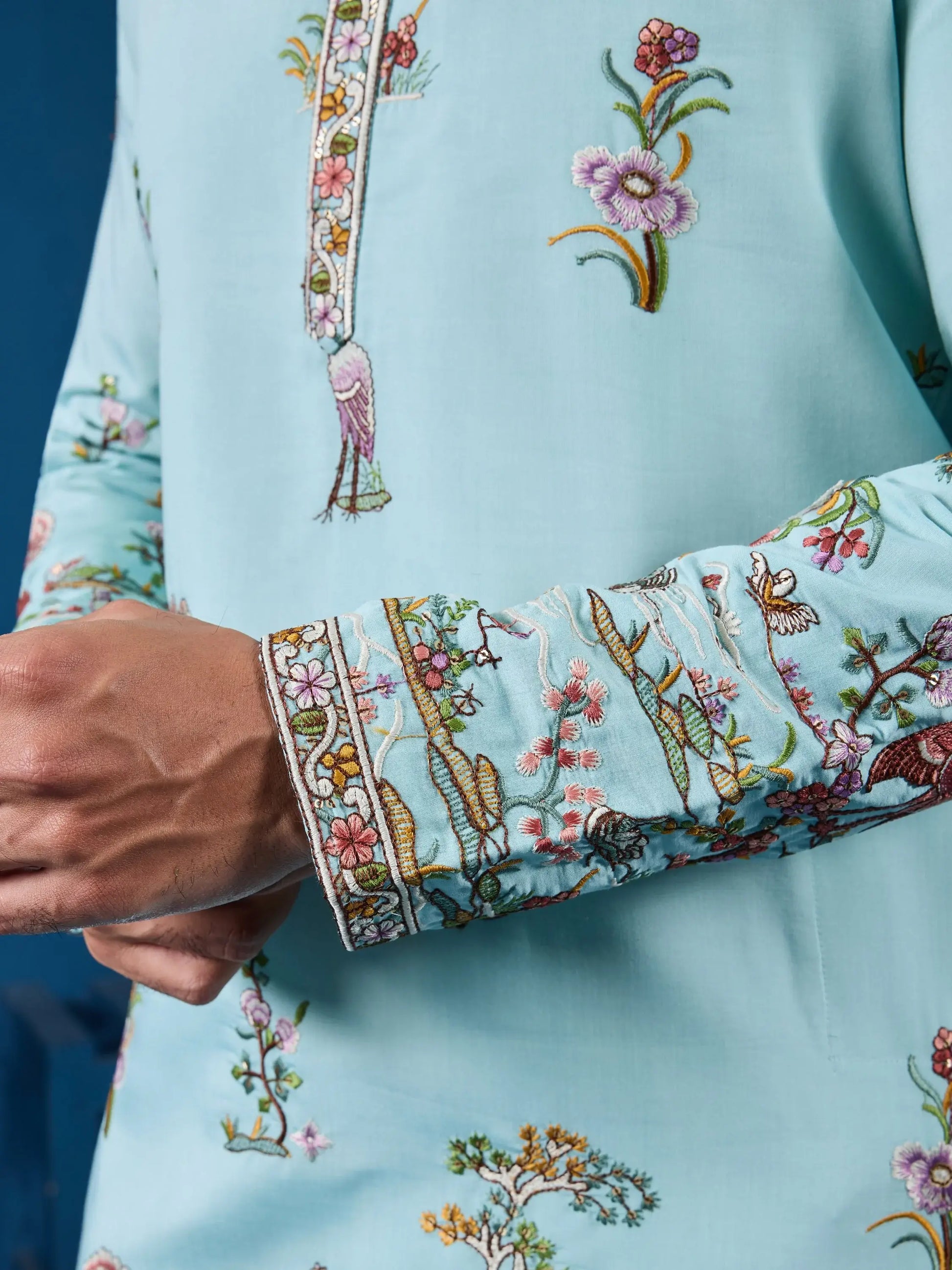 Beautiful Sky Blue Thread Embroidery Viscose Silk Traditional Men Kurta And Pant