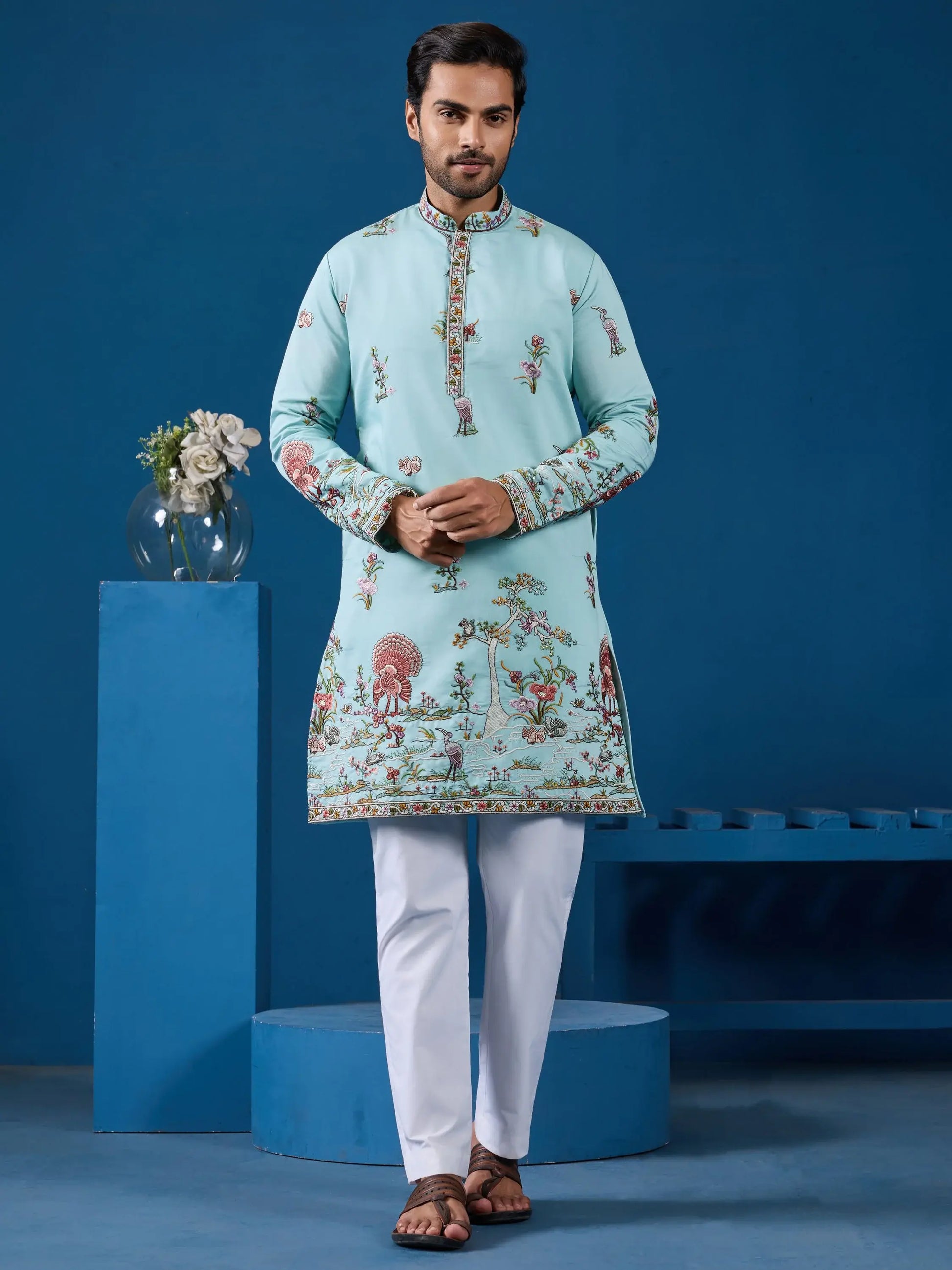 Beautiful Sky Blue Thread Embroidery Viscose Silk Traditional Men Kurta And Pant