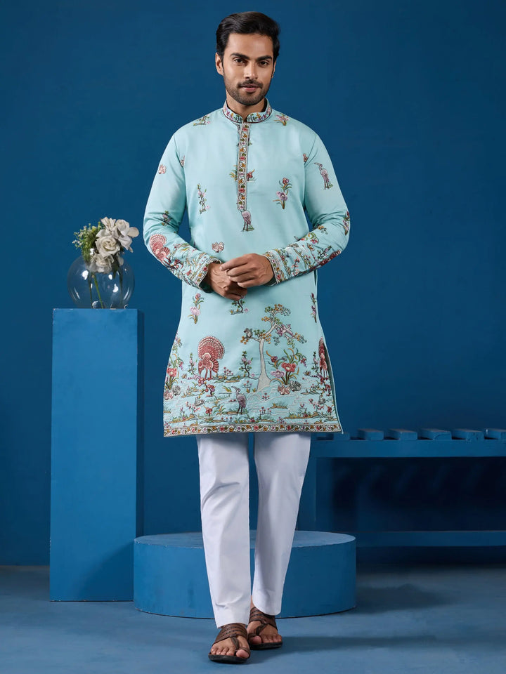 Beautiful Sky Blue Thread Embroidery Viscose Silk Traditional Men Kurta And Pant