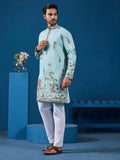 Beautiful Sky Blue Thread Embroidery Viscose Silk Traditional Men Kurta And Pant