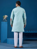 Beautiful Sky Blue Thread Embroidery Viscose Silk Traditional Men Kurta And Pant