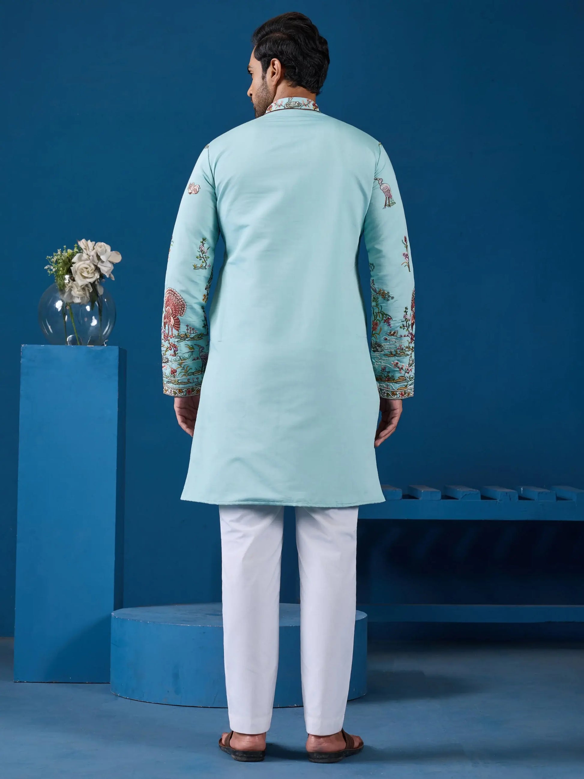Beautiful Sky Blue Thread Embroidery Viscose Silk Traditional Men Kurta And Pant