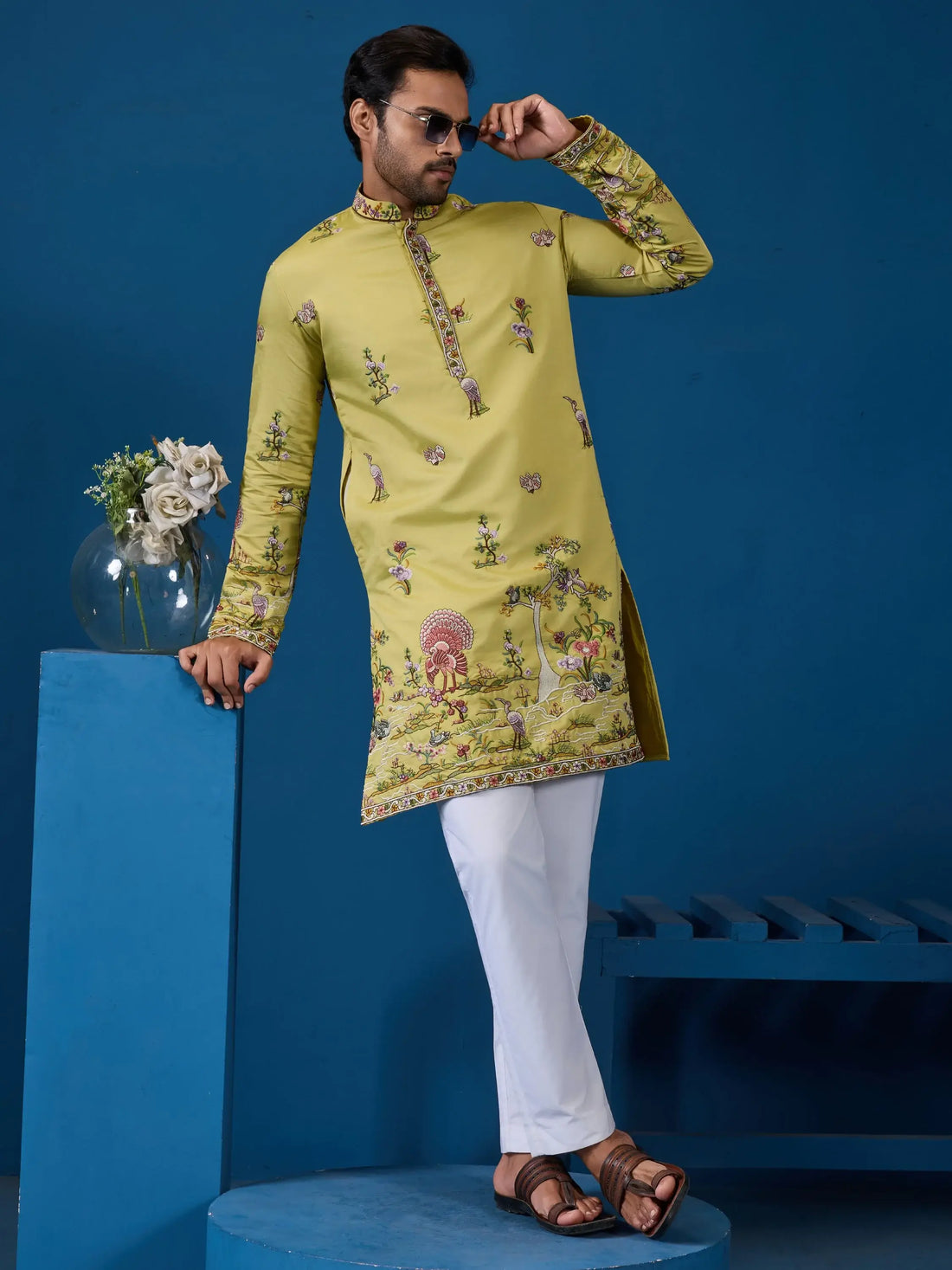 Elevated Yellow Sequins Embroidery Viscose Silk Men Kurta With Pant Set
