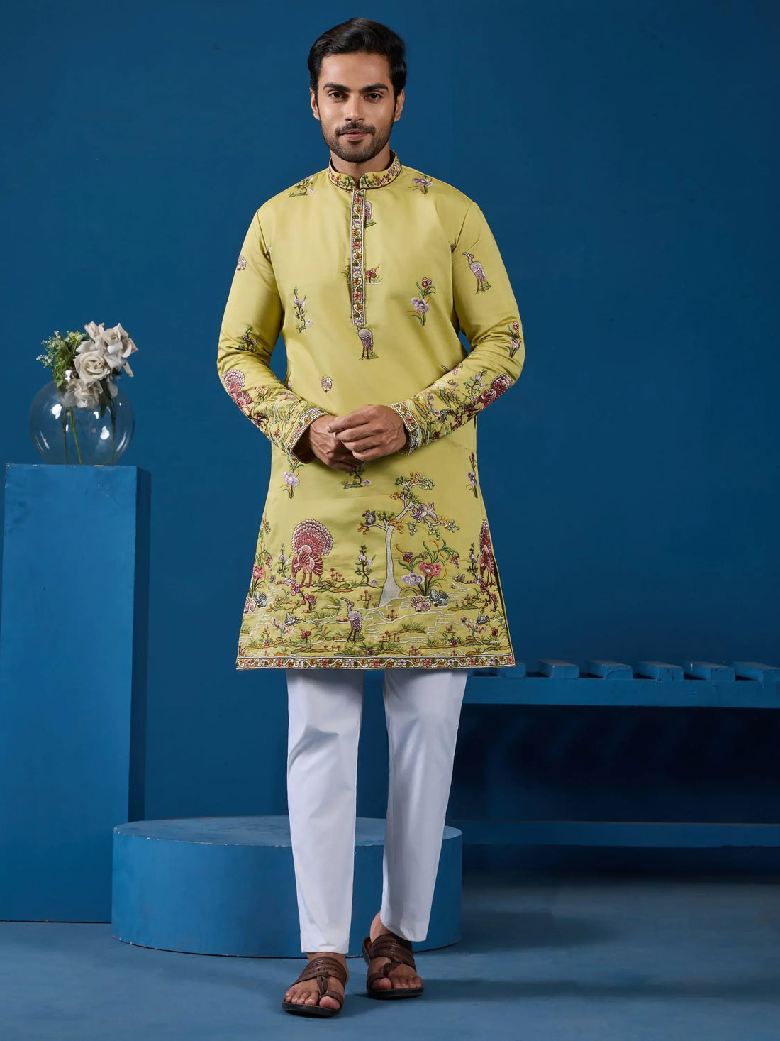 Elevated Yellow Sequins Embroidery Viscose Silk Men Kurta With Pant Set
