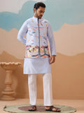 Exceptional Sky Blue Thread Work Silk Function Wear Men Kurta Set With Jacket