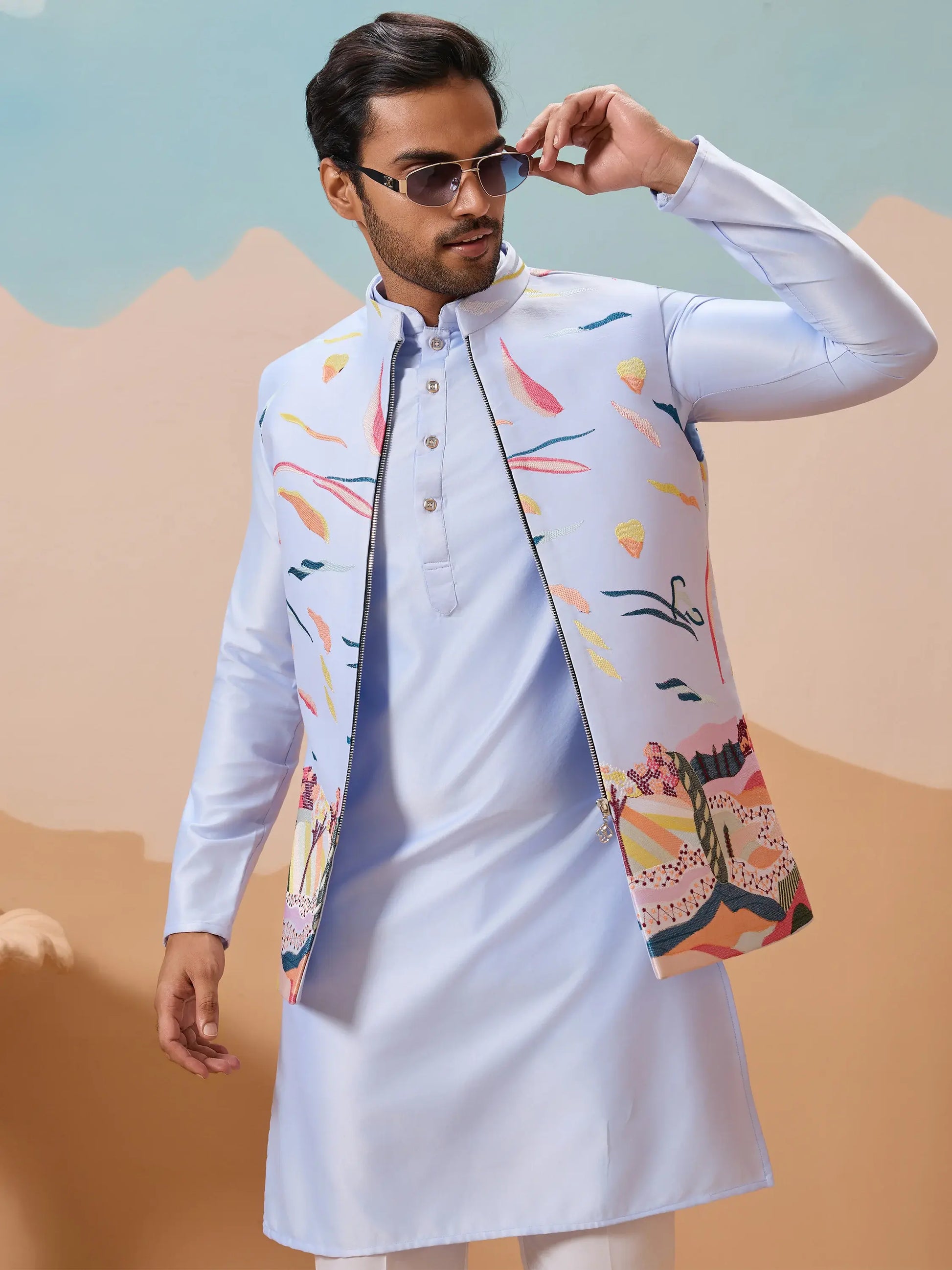 Exceptional Sky Blue Thread Work Silk Function Wear Men Kurta Set With Jacket