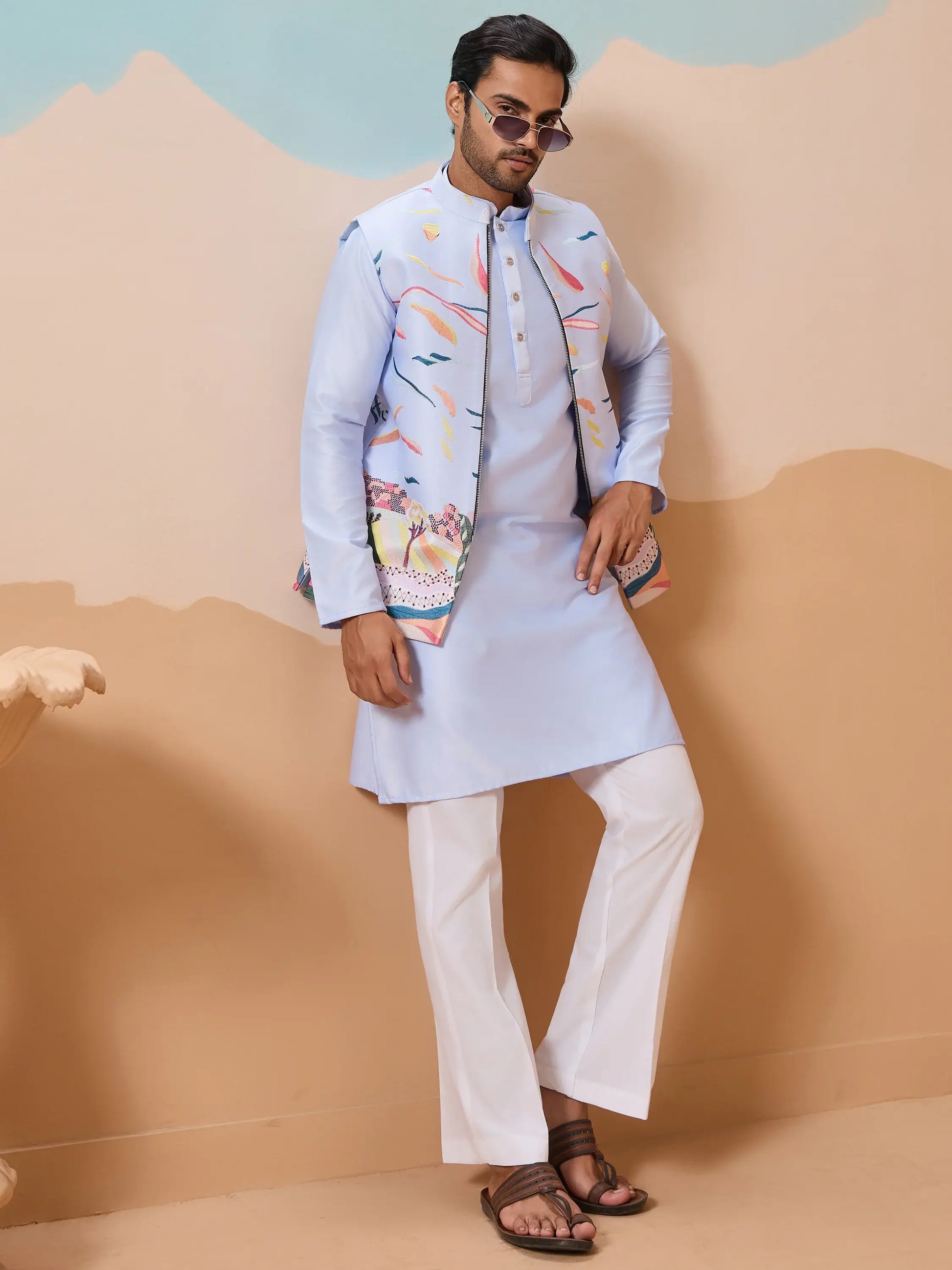 Exceptional Sky Blue Thread Work Silk Function Wear Men Kurta Set With Jacket