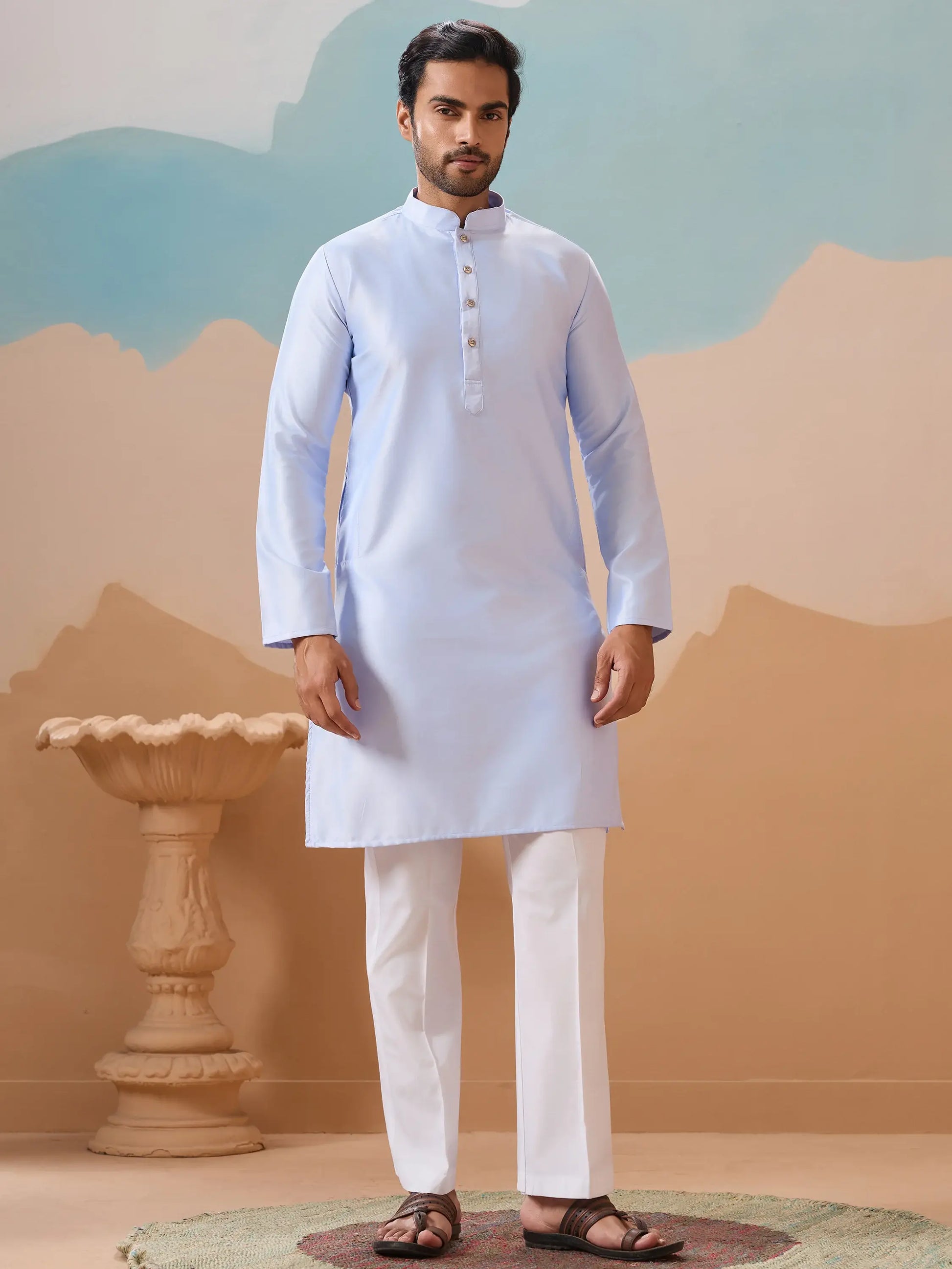 Exceptional Sky Blue Thread Work Silk Function Wear Men Kurta Set With Jacket