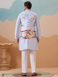 Exceptional Sky Blue Thread Work Silk Function Wear Men Kurta Set With Jacket