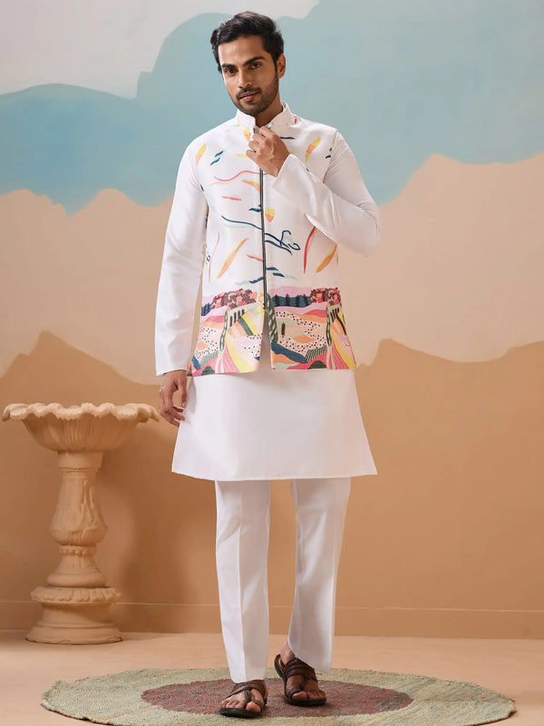 Wonderful White Embroidered Silk Marriage Wear Men Kurta Set With Jacket