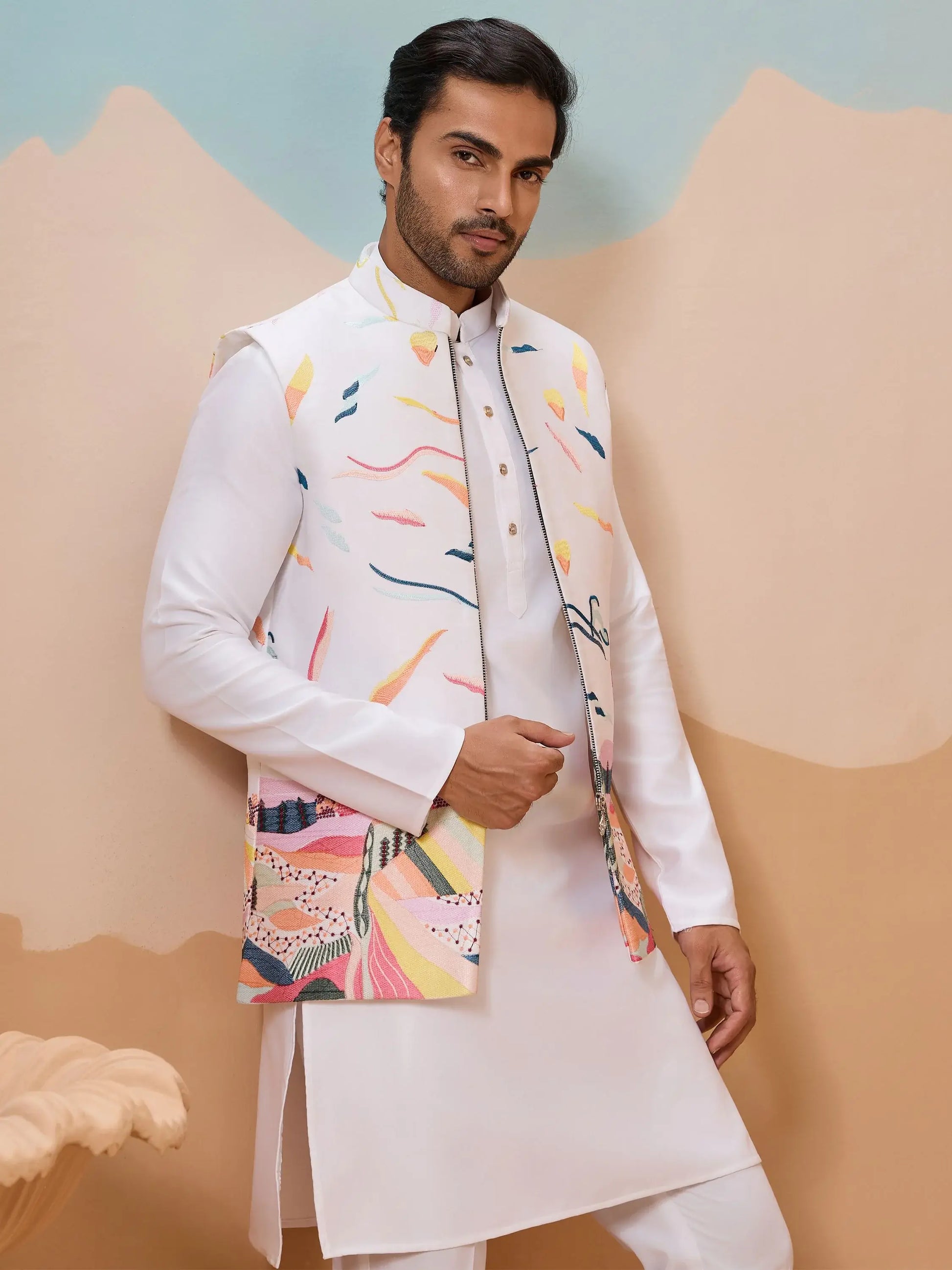 Wonderful White Embroidered Silk Marriage Wear Men Kurta Set With Jacket